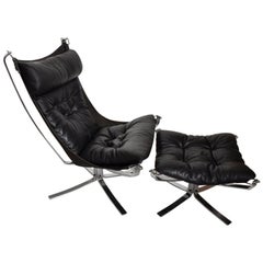 Falcon Leather Lounge Chair & Ottoman Chrome Frame by Sigurd Ressell of Norway