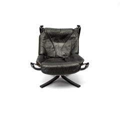 Falcon Lounge Chair in Black Leather and Grey Piping, 1970s