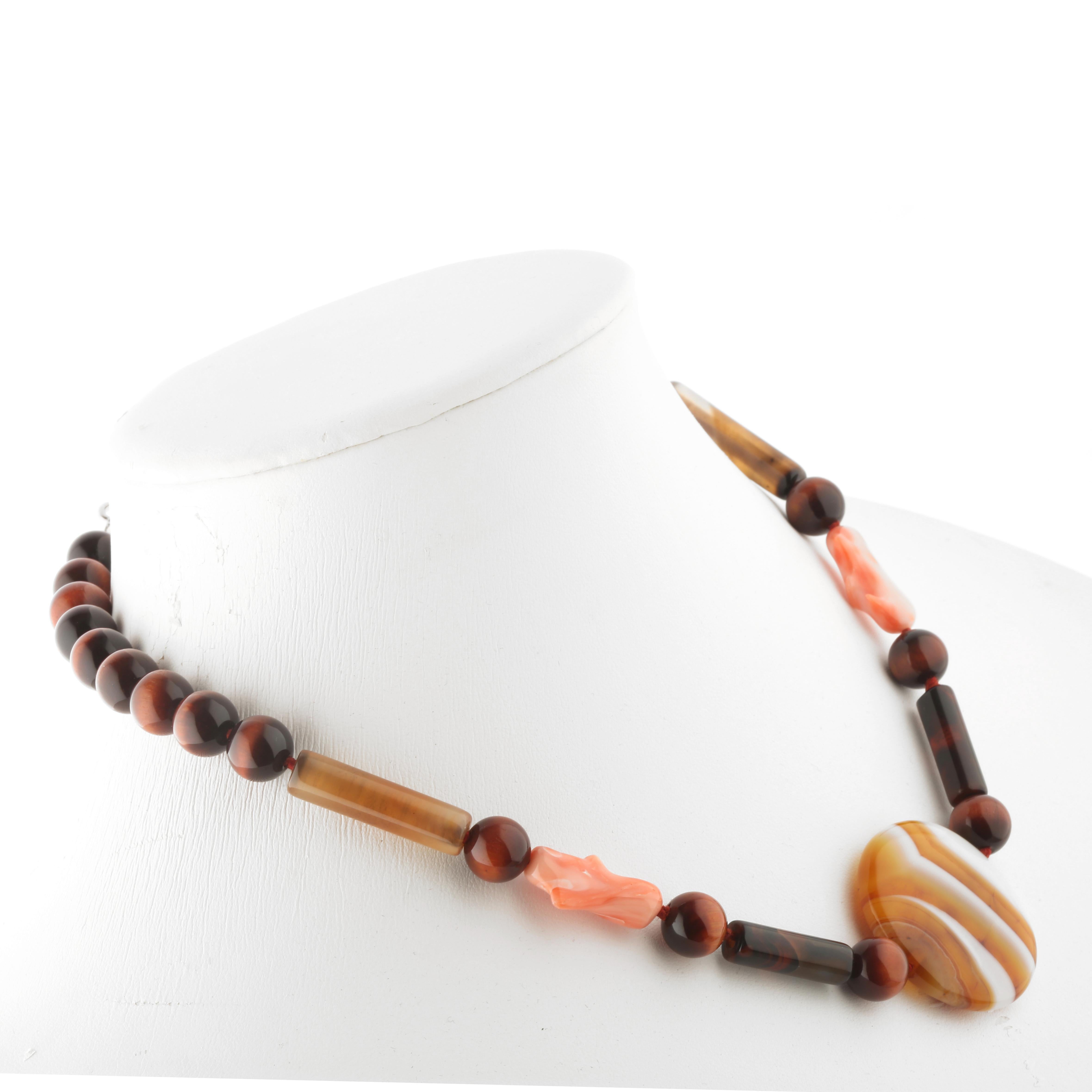 Mixed Cut Falcon's Eye Raw Coral Round Agate Silver Chocker Beaded Necklace INTINI Jewels For Sale