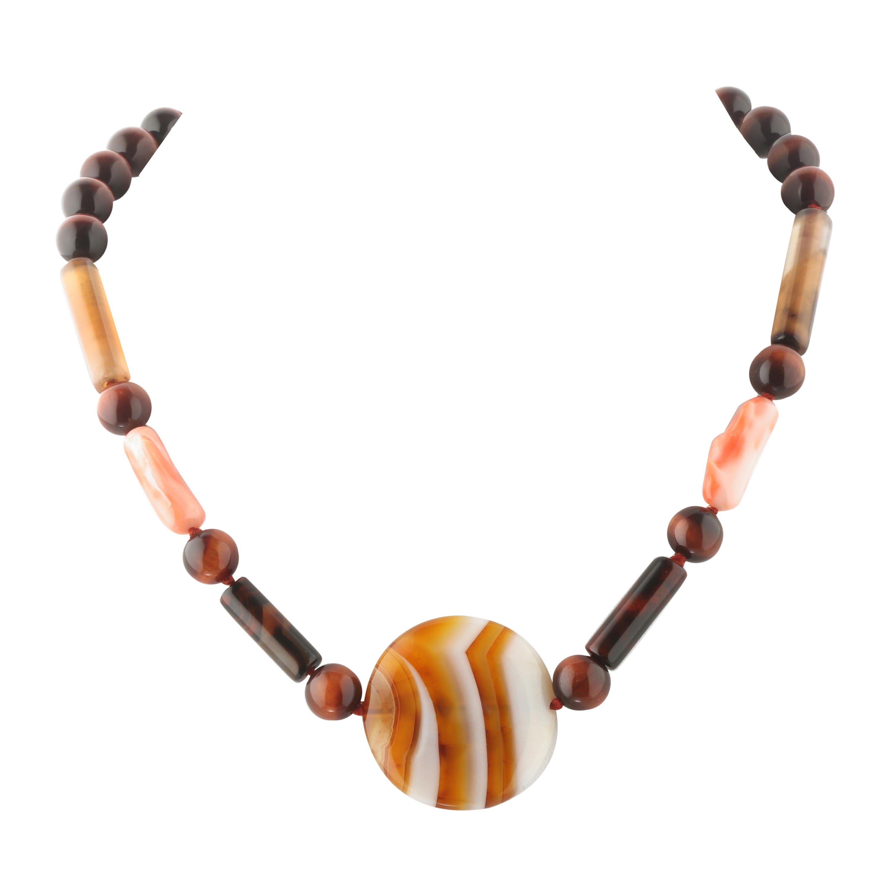 Collana di perline con occhio di falco in corallo grezzo e agata rotonda A. Silver Intini Jewels