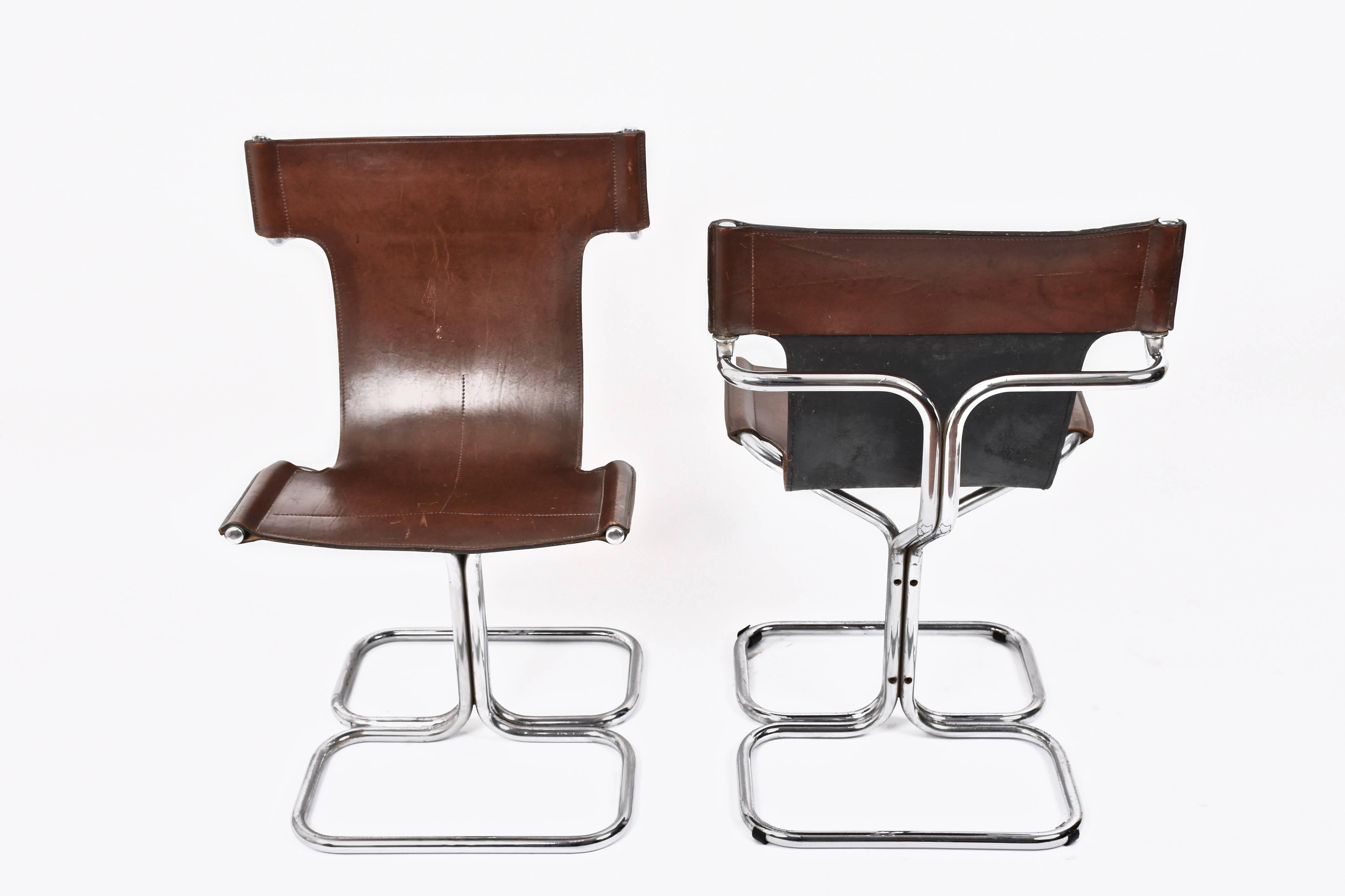 Faleschini Midcentury Chrome and Brown Leather Italian Chairs, 1970s In Fair Condition In Roma, IT