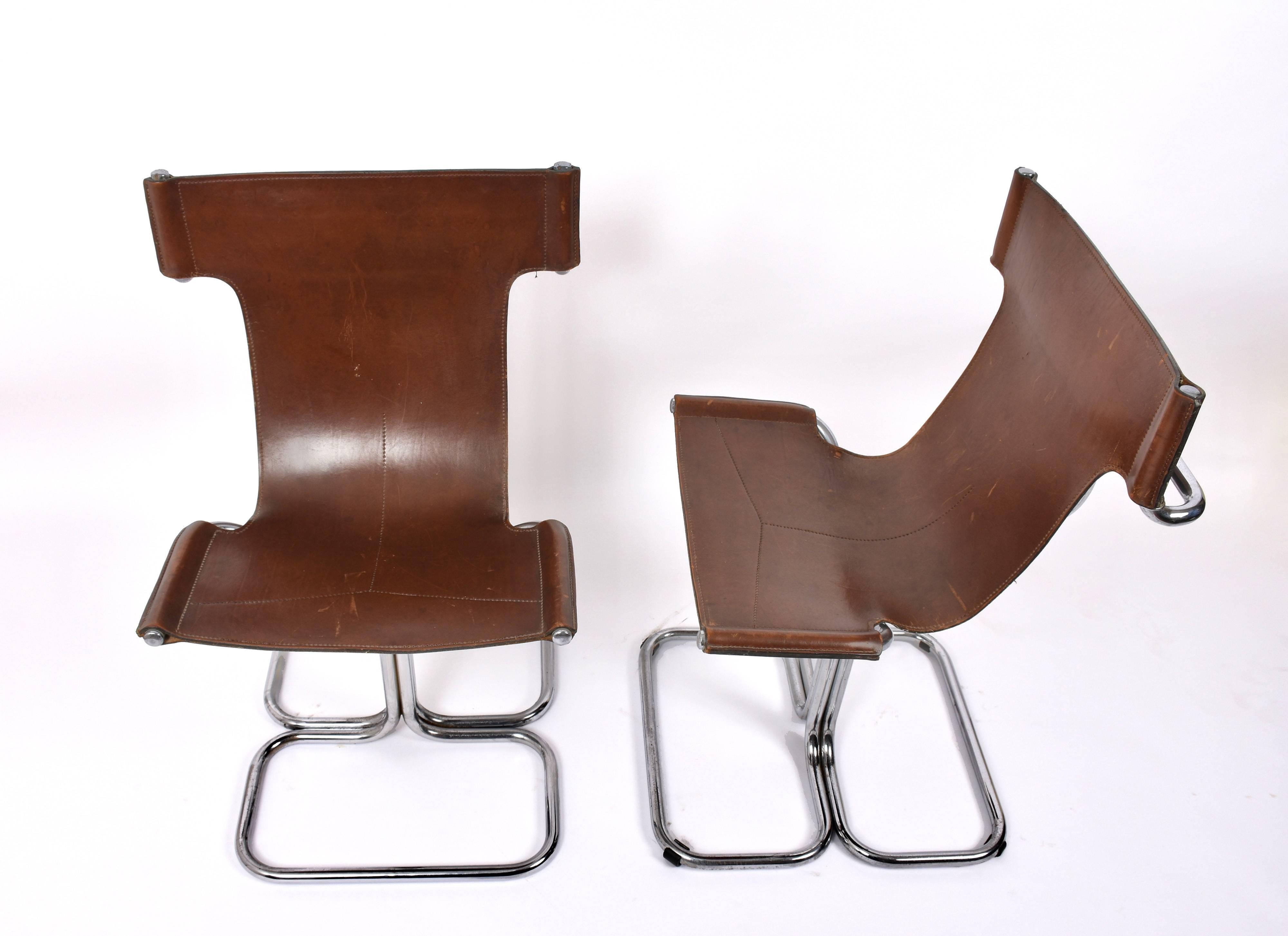 20th Century Faleschini Midcentury Chrome and Brown Leather Italian Chairs, 1970s