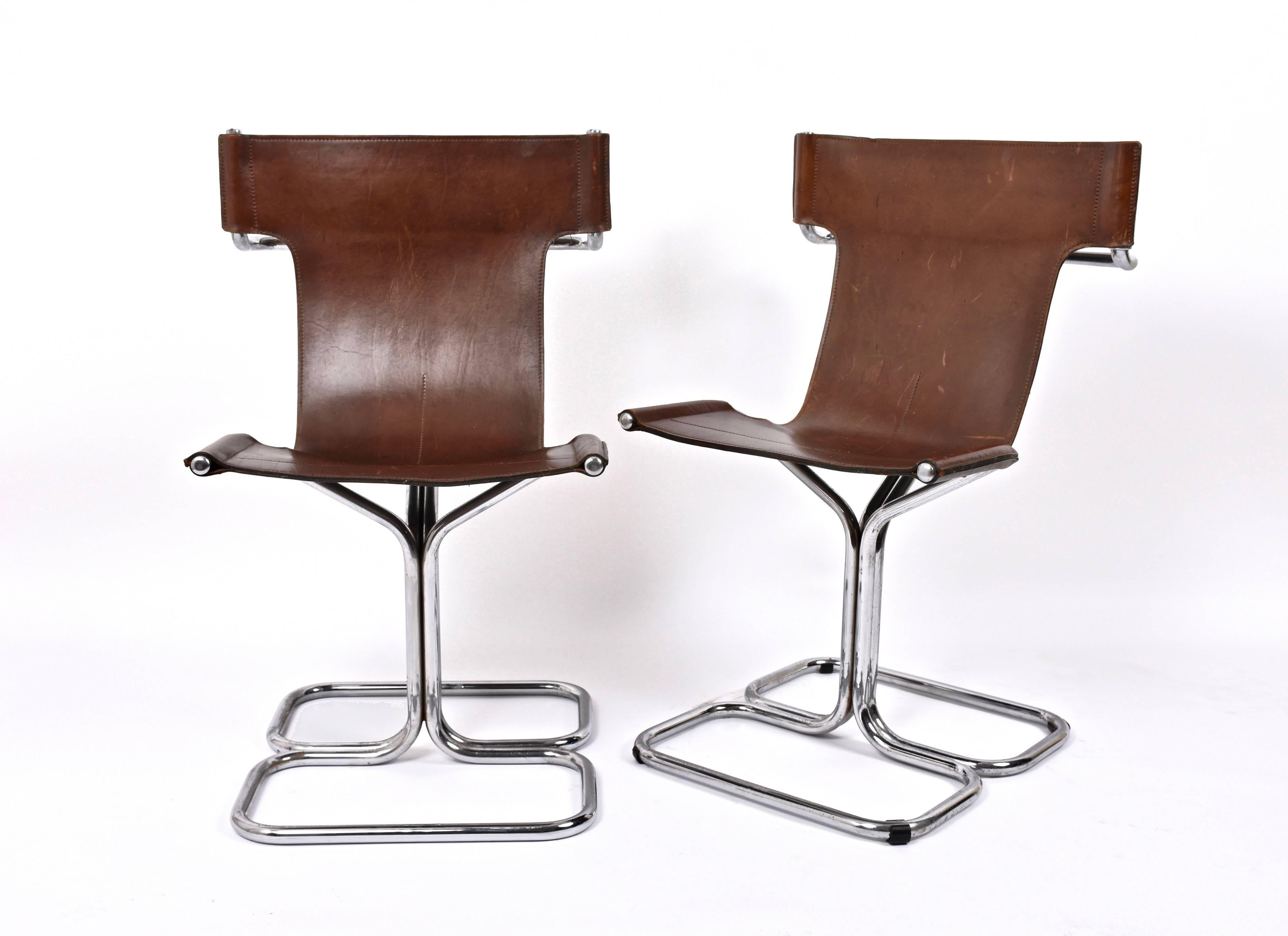 Faleschini Midcentury Chrome and Brown Leather Italian Chairs, 1970s 1