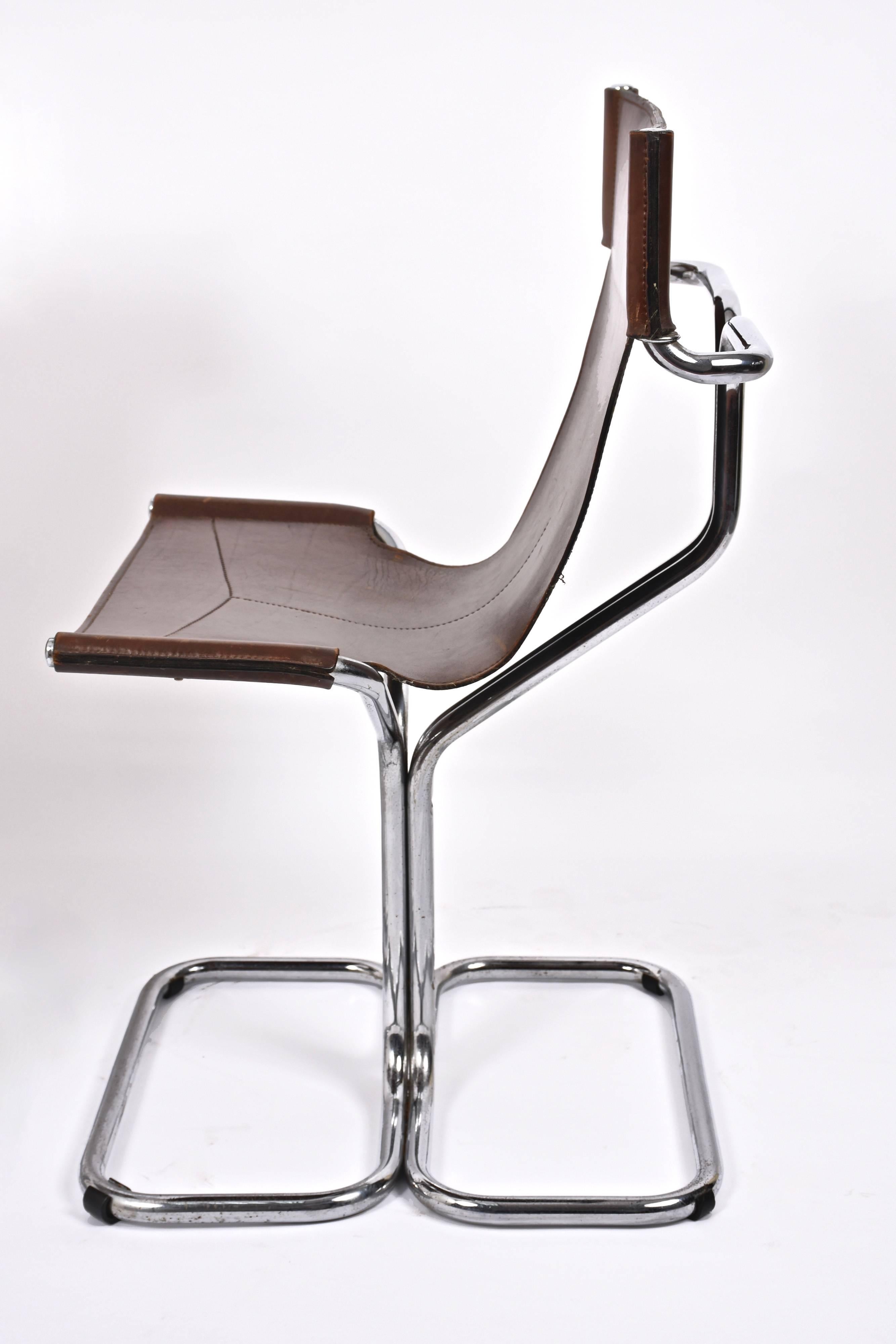 Faleschini Midcentury Chrome and Brown Leather Italian Chairs, 1970s 2