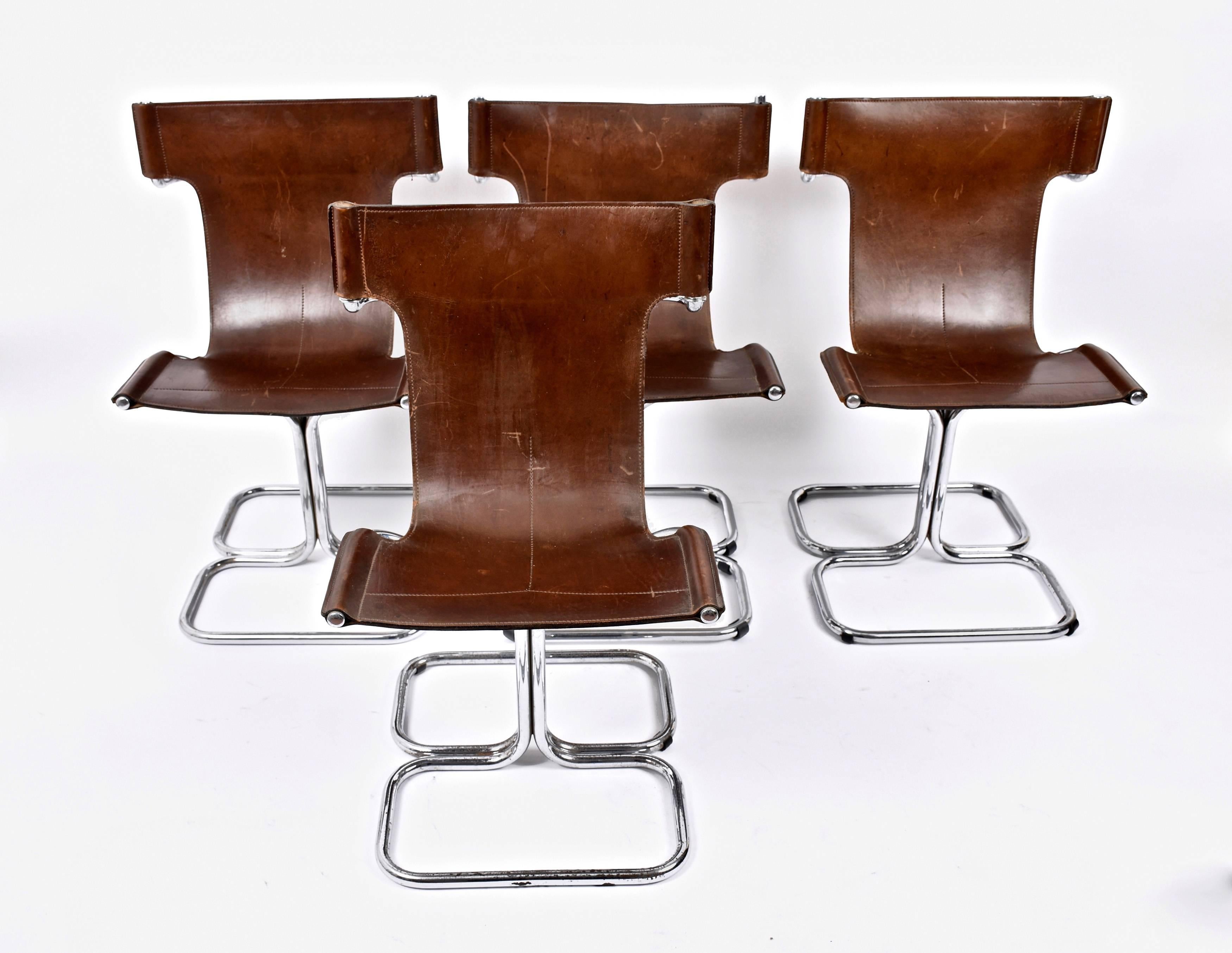 Faleschini Midcentury Chrome and Brown Leather Italian Chairs, 1970s 3