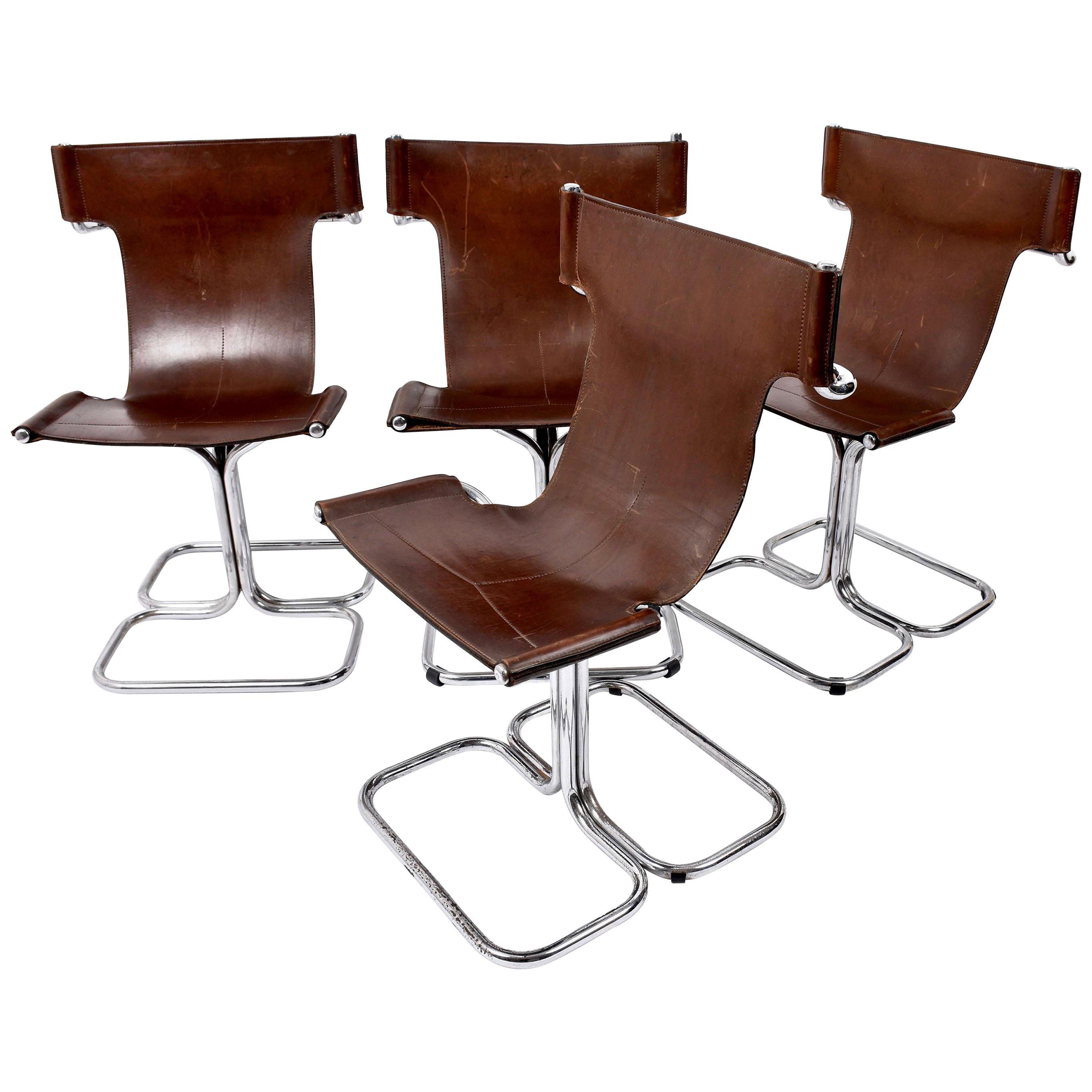 Faleschini Midcentury Chrome and Brown Leather Italian Chairs, 1970s