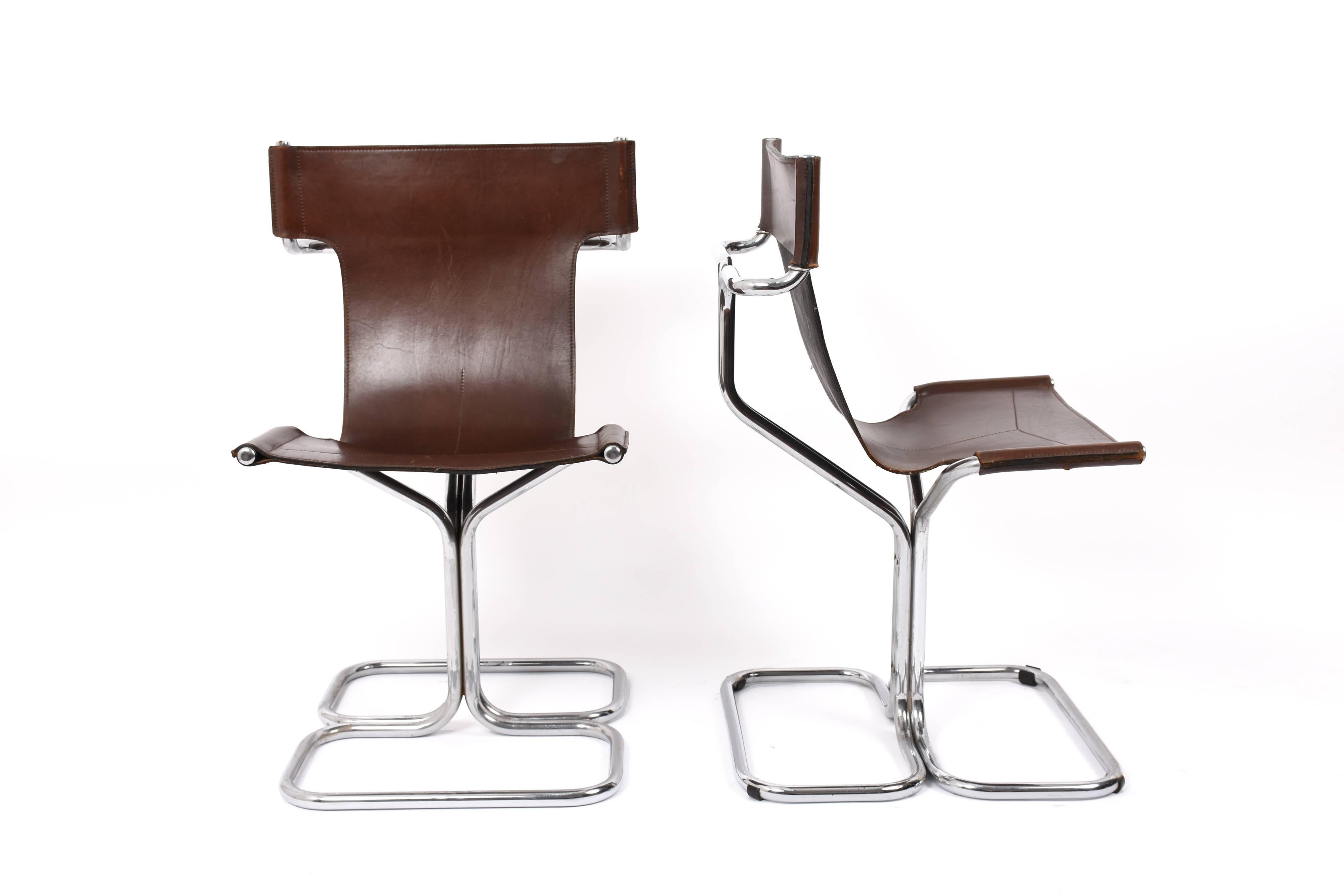 Italian Faleschini, Set of Four Chairs, Chrome Leather Mid-Century Modern, Italy, 1970s