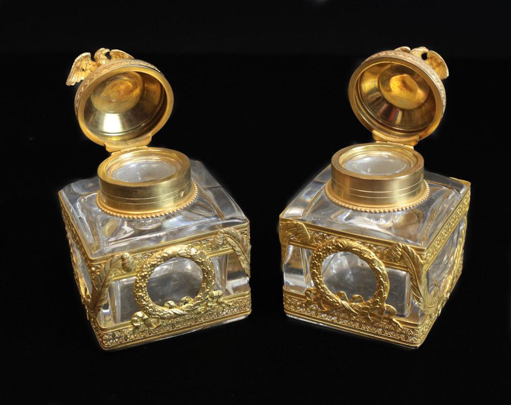 Falize French Gilt Silver and Cut Glass Encrier Dual Inkwells Eagle Finials In Excellent Condition For Sale In Pasadena, CA