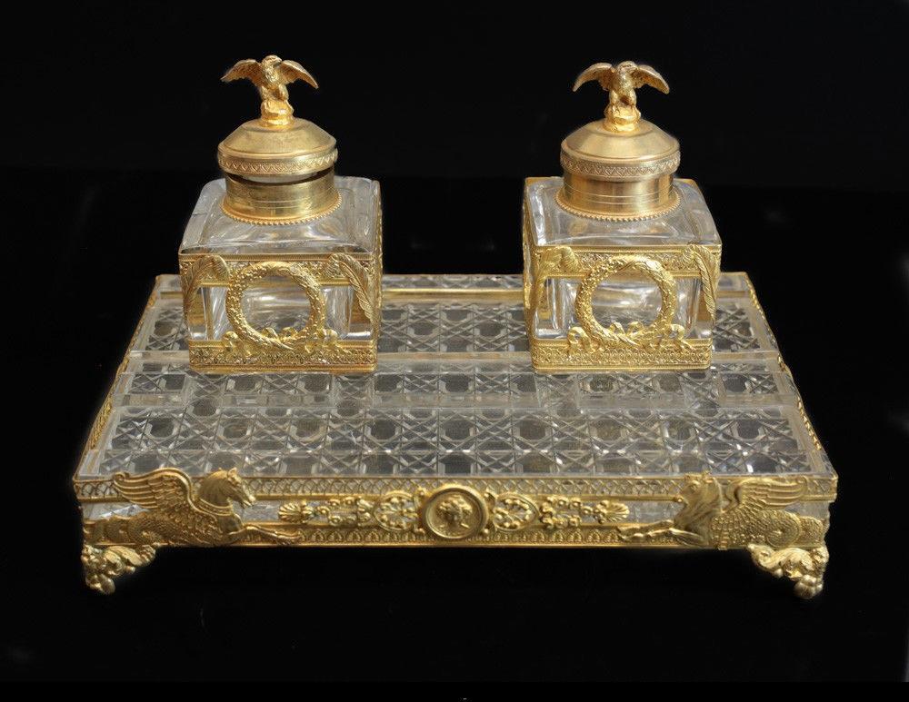 Falize French Gilt Silver and Cut Glass Encrier Dual Inkwells Eagle Finials For Sale 2