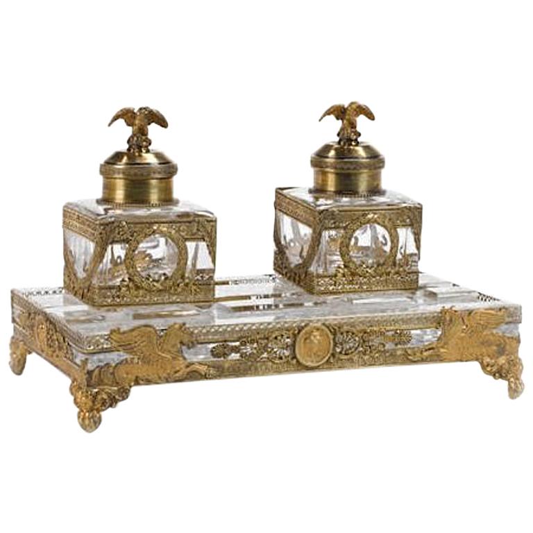 Falize French Gilt Silver and Cut Glass Encrier Dual Inkwells Eagle Finials For Sale
