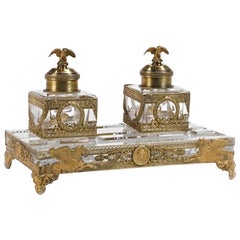 Falize French Gilt Silver and Cut Glass Encrier Dual Inkwells Eagle Finials