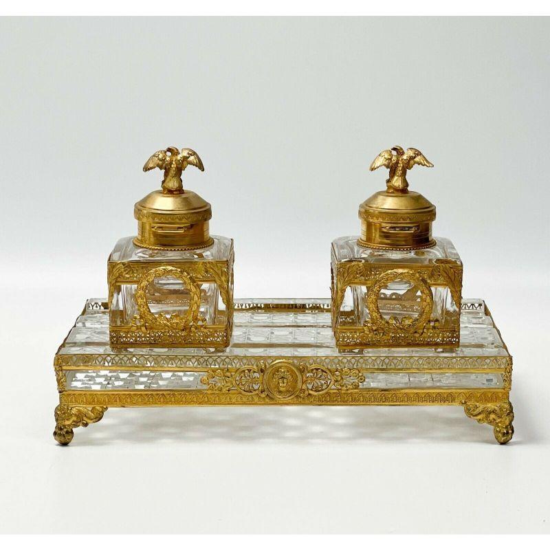 Falize French Gilt Silver & Cutglass Baccarat Dual Inkwells Eagle Finials, c1850 For Sale 5