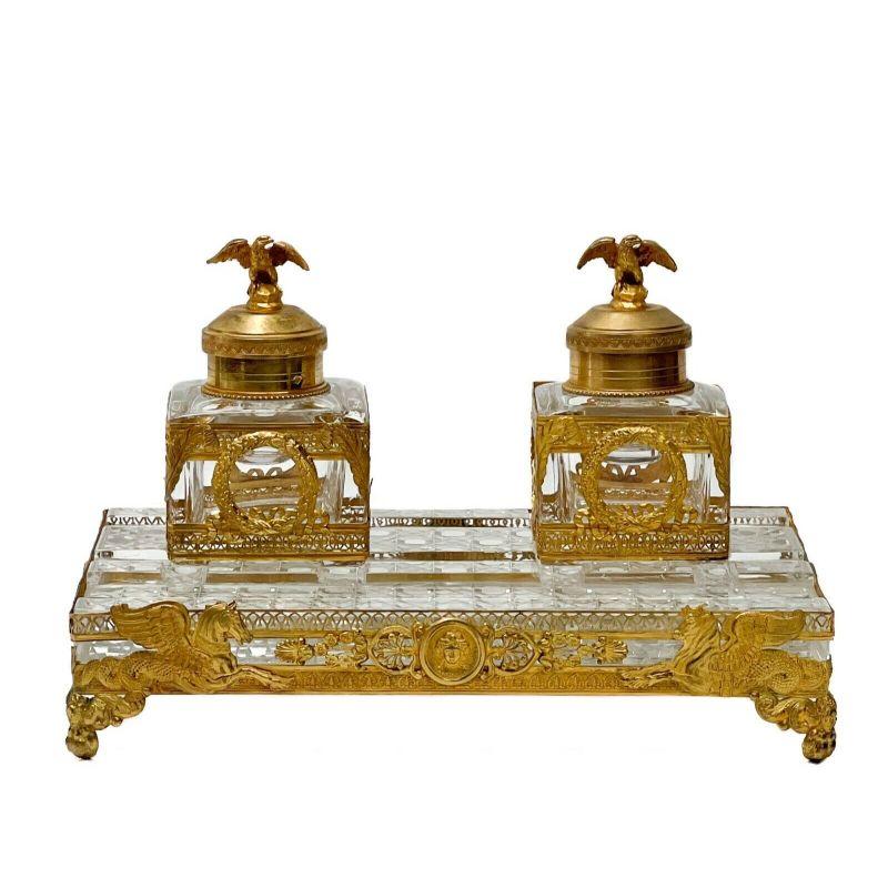 Falize French Gilt Silver & Cutglass Baccarat Dual Inkwells Eagle Finials, c1850

An outstanding 2nd Empire French Gilt .950 silver and cut crystal encrier with dual inkwells retailed by Falize. The lids with eagle finials, the reticulated border