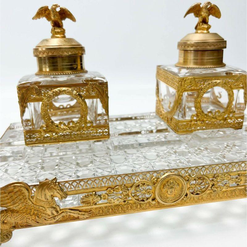 Falize French Gilt Silver & Cutglass Baccarat Dual Inkwells Eagle Finials, c1850 In Good Condition For Sale In Gardena, CA