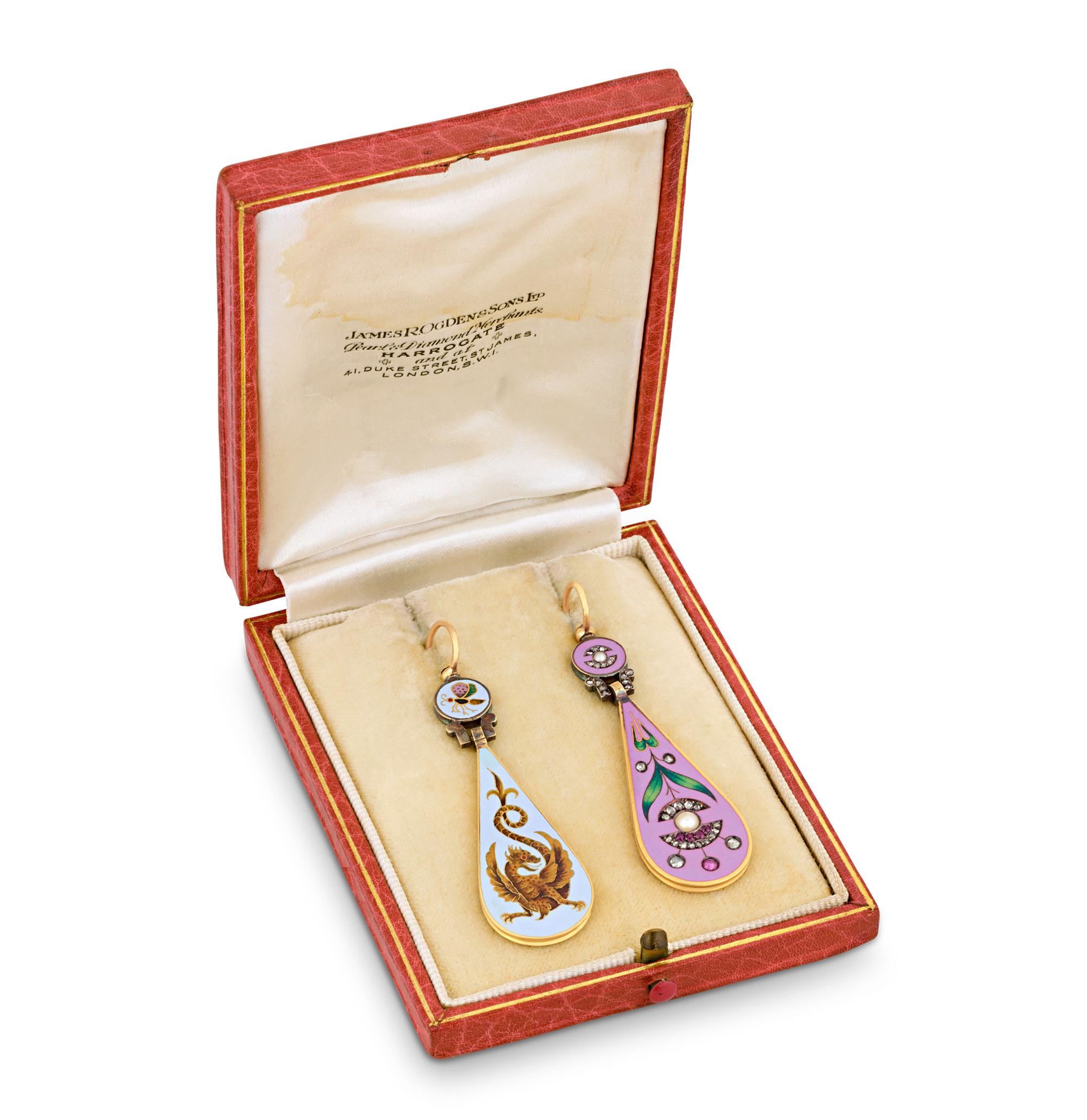 Taglio a rosa Orecchini di smalto cloisonne reversibili Falize in vendita