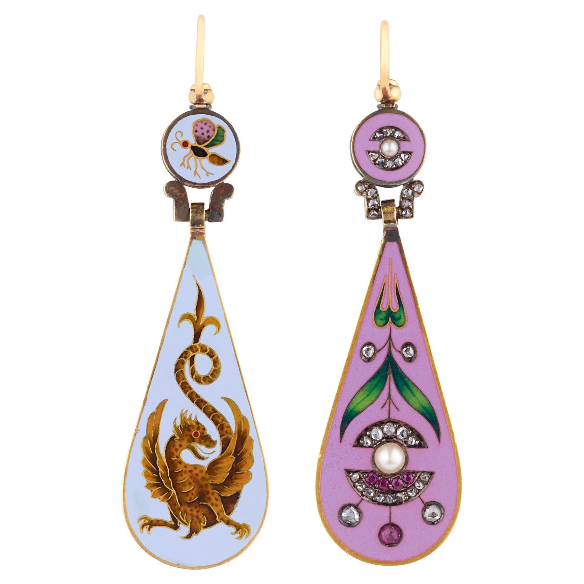 Orecchini di smalto cloisonne reversibili Falize in vendita