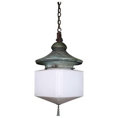 Antique Falk, Stadelmann and Co Huge Opaline and Verdigris Pendant Lantern Light