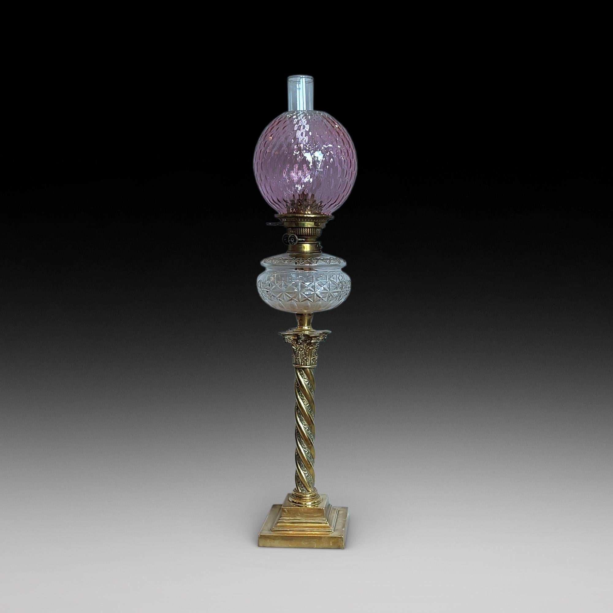 Falk Stadelmann & Co Ltd, Late19thC Oil Lamp of Large Proportions, the dimpled cranberry glass shade above a cut glass reservoir, raised on a wrythen brass Corinthian column on stepped base - 8