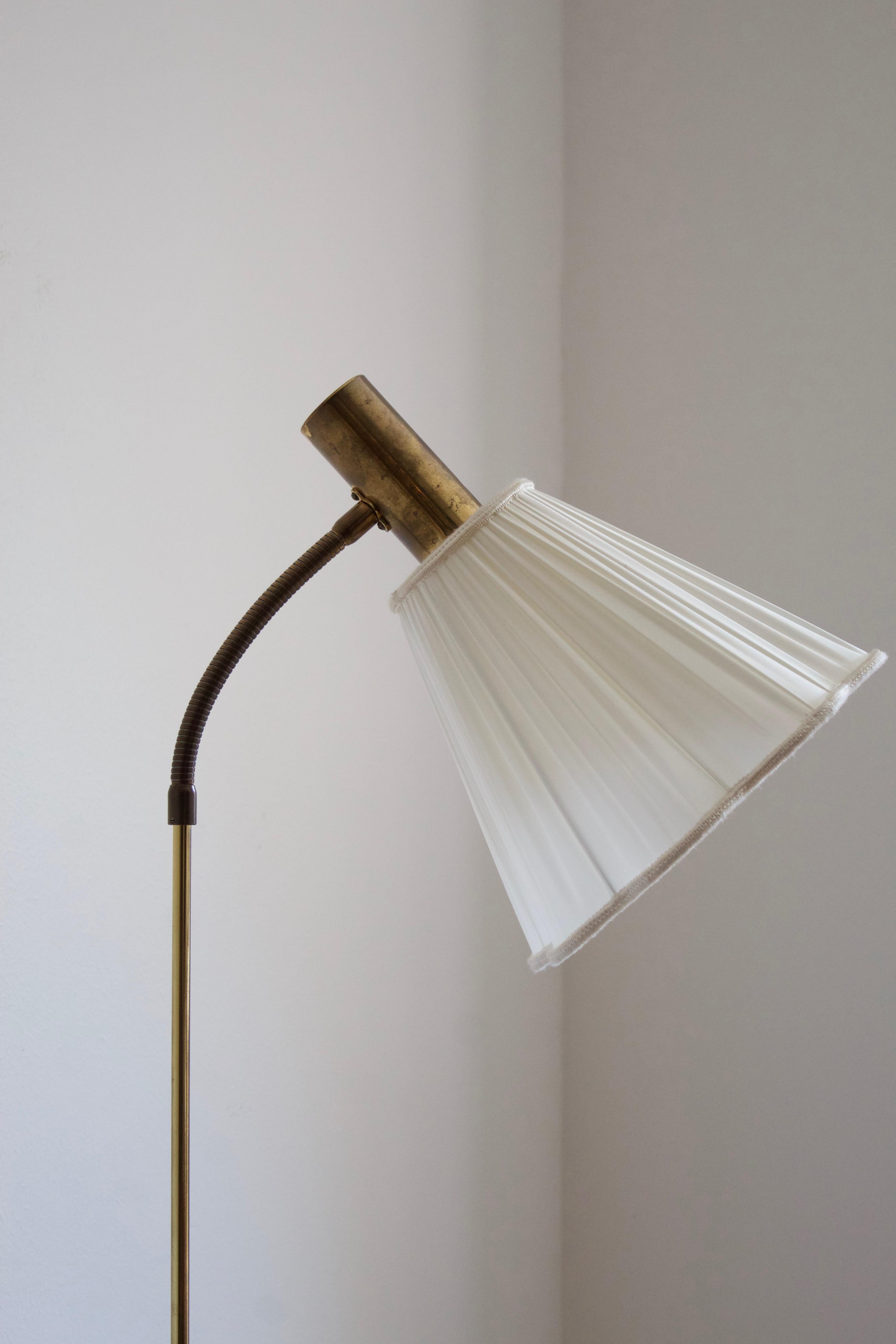 Mid-Century Modern Falkenberg Belysning, Adjustable Floor Lamp, Brass, Fabric, 1950s