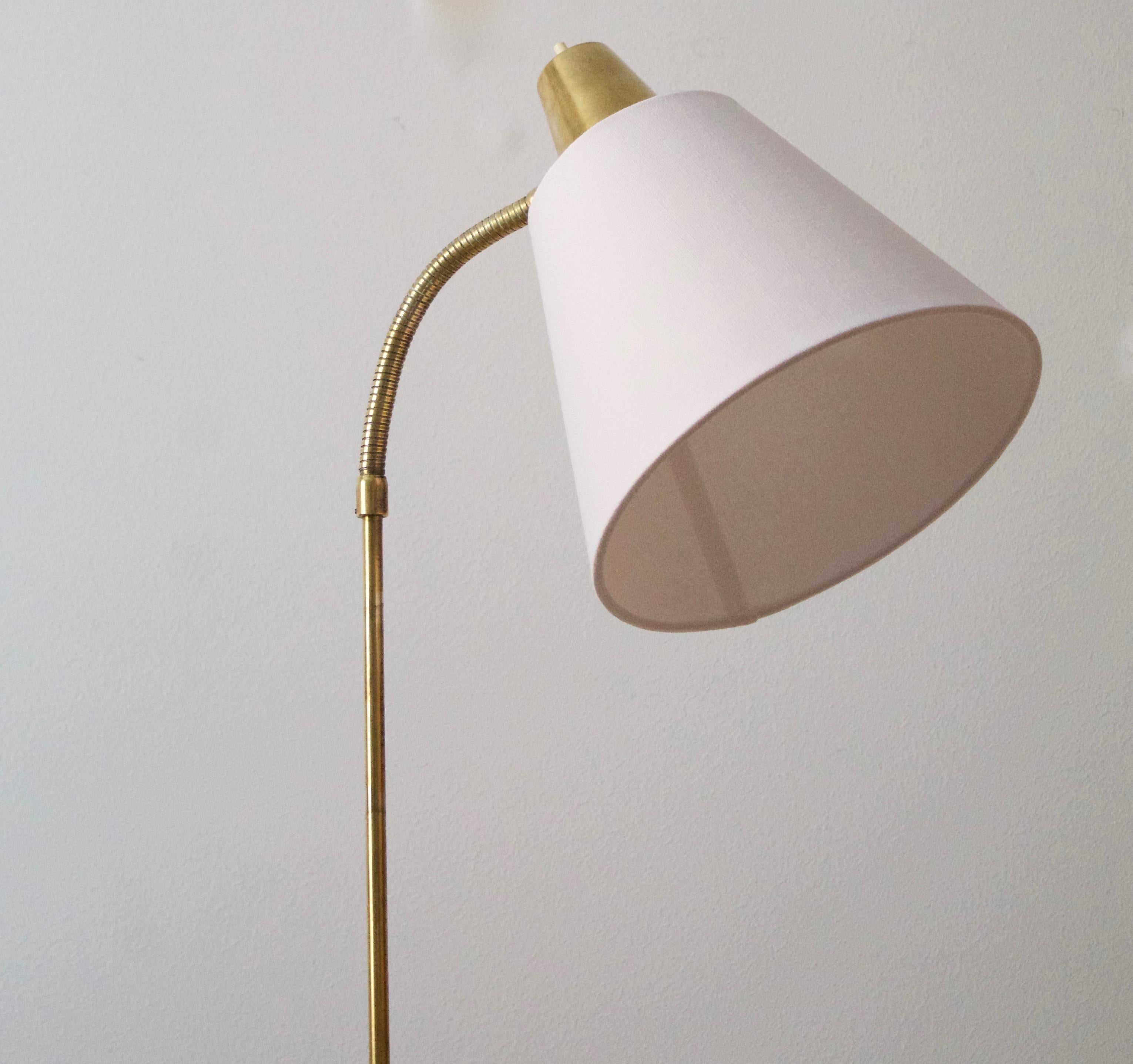 Mid-Century Modern Falkenberg Belysning, Adjustable Floor Lamp, Brass, Fabric, 1950s