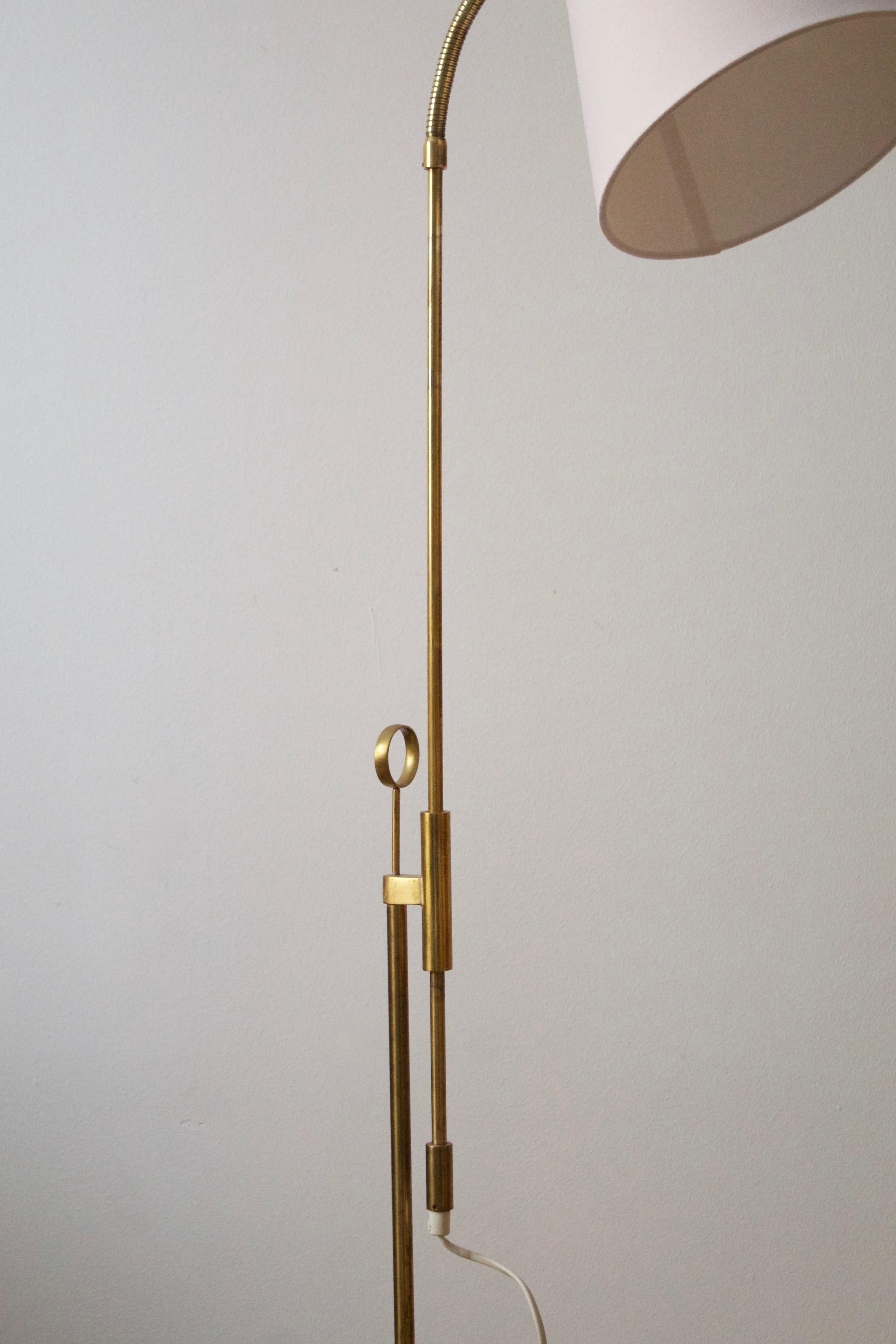 Swedish Falkenberg Belysning, Adjustable Floor Lamp, Brass, Fabric, 1950s