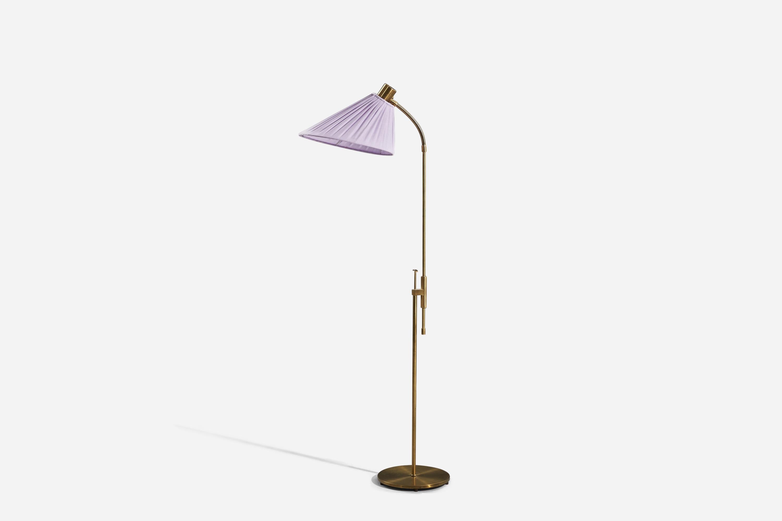 A brass and purple fabric floor lamp designed and produced by Falkenbergs Belysning, Sweden, 1970s.

Variable dimensions, measured as illustrated in the first image. 
Sold with lampshade. 
Dimensions stated refer to the floor lamp with the