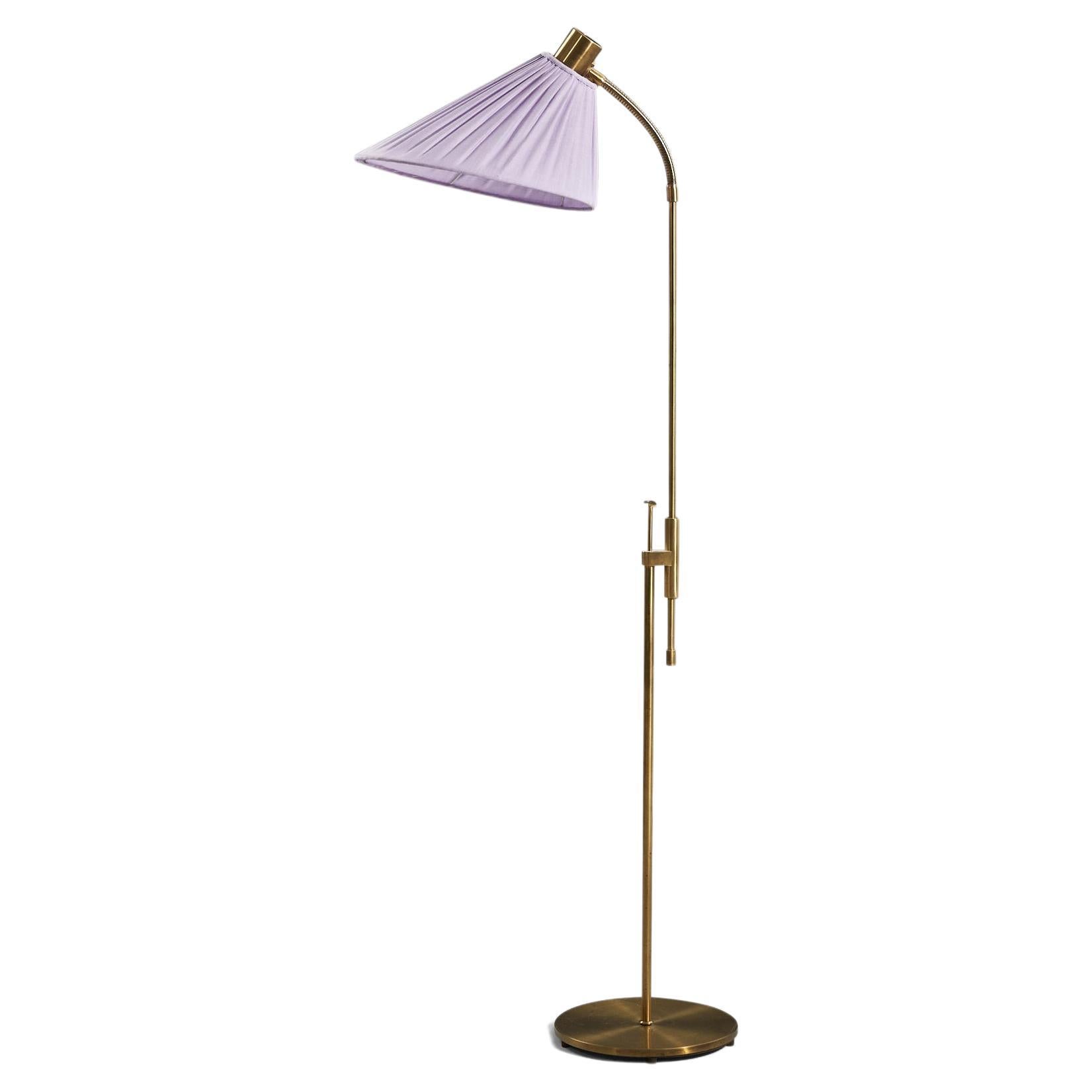 Falkenberg Belysning, Adjustable Floor Lamp, Brass, Fabric, Sweden, 1970s For Sale