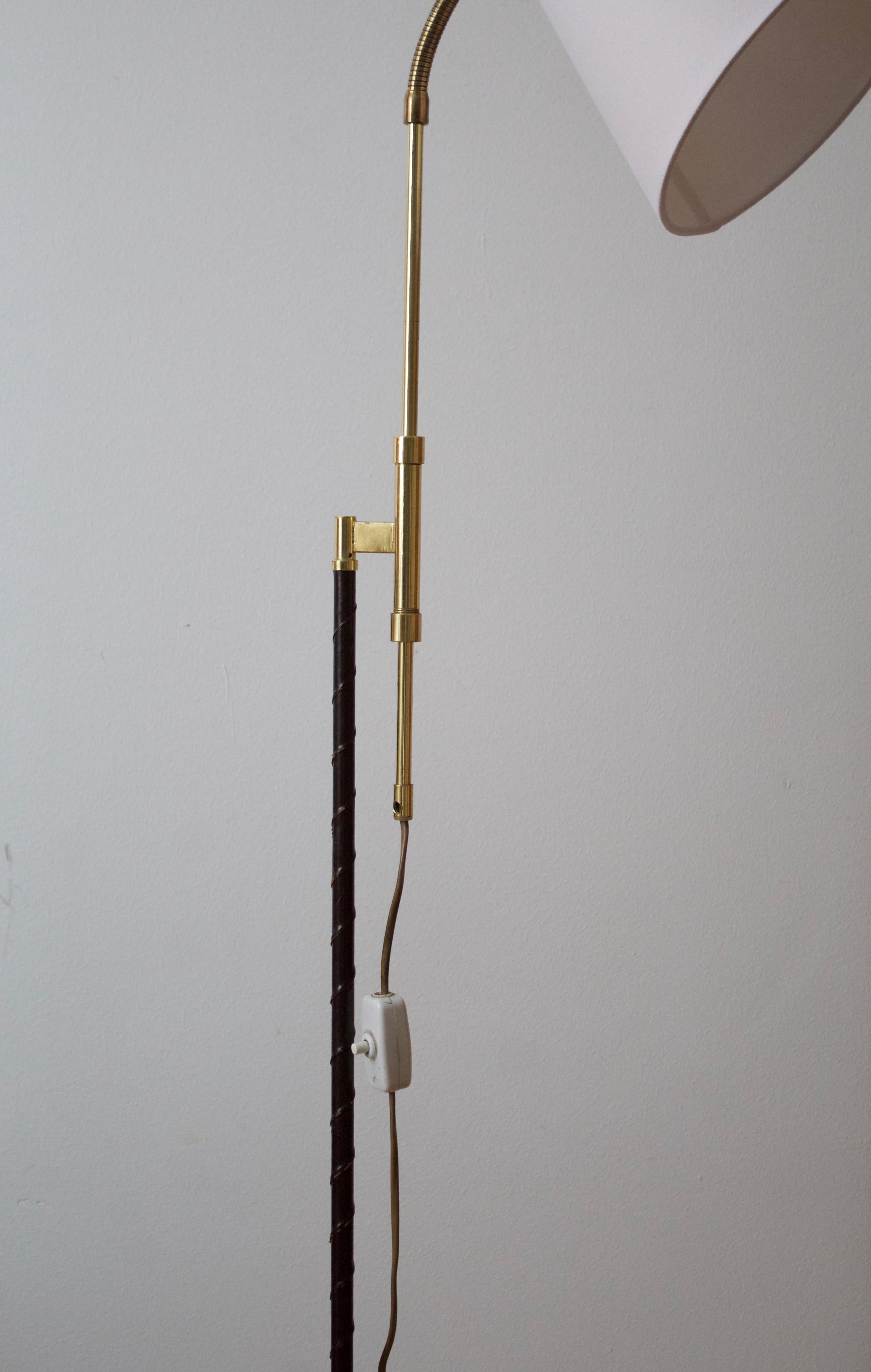 Mid-Century Modern Falkenberg Belysning, Adjustable Floor Lamp, Brass, Leather, Fabric, 1950s
