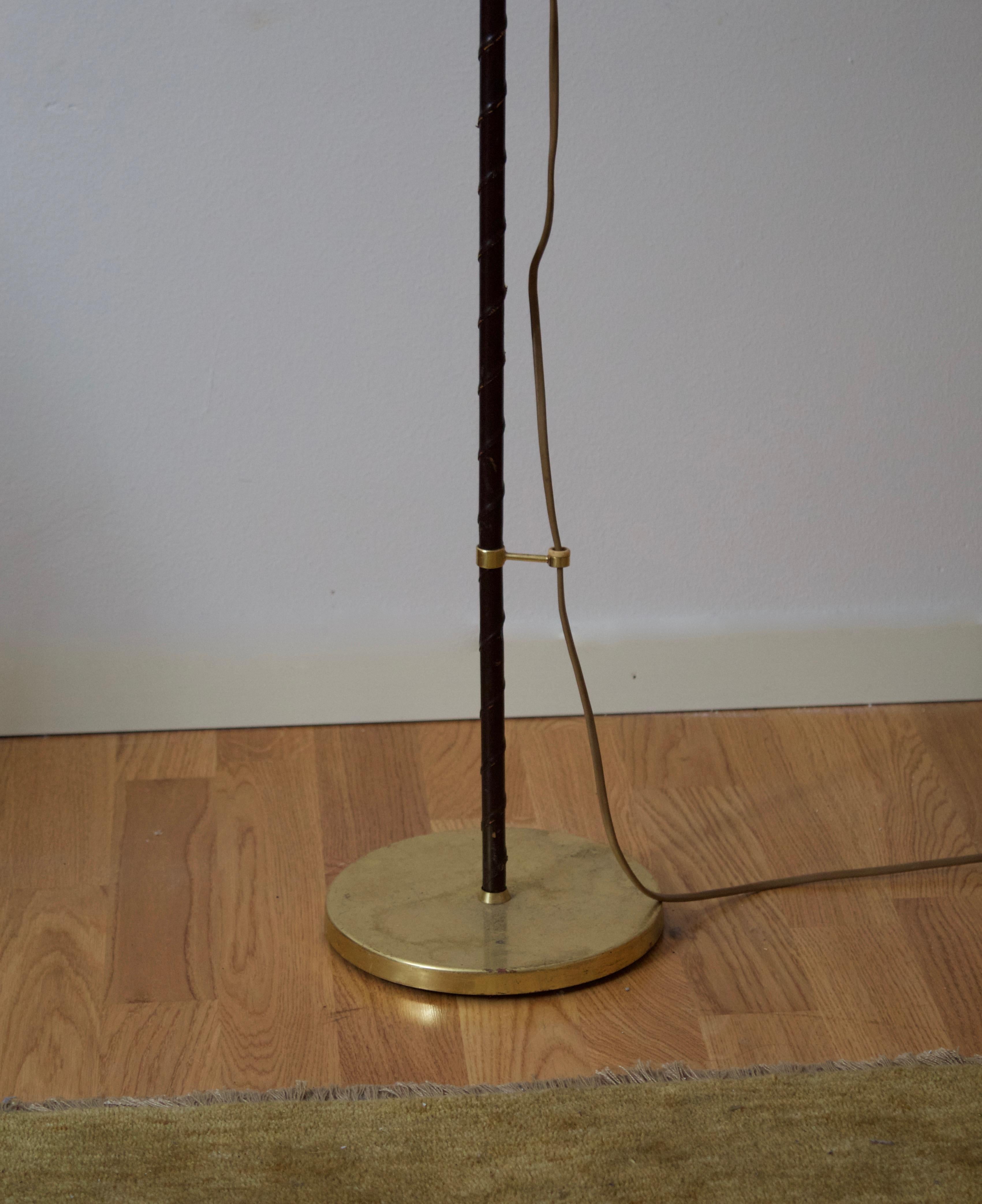 Swedish Falkenberg Belysning, Adjustable Floor Lamp, Brass, Leather, Fabric, 1950s