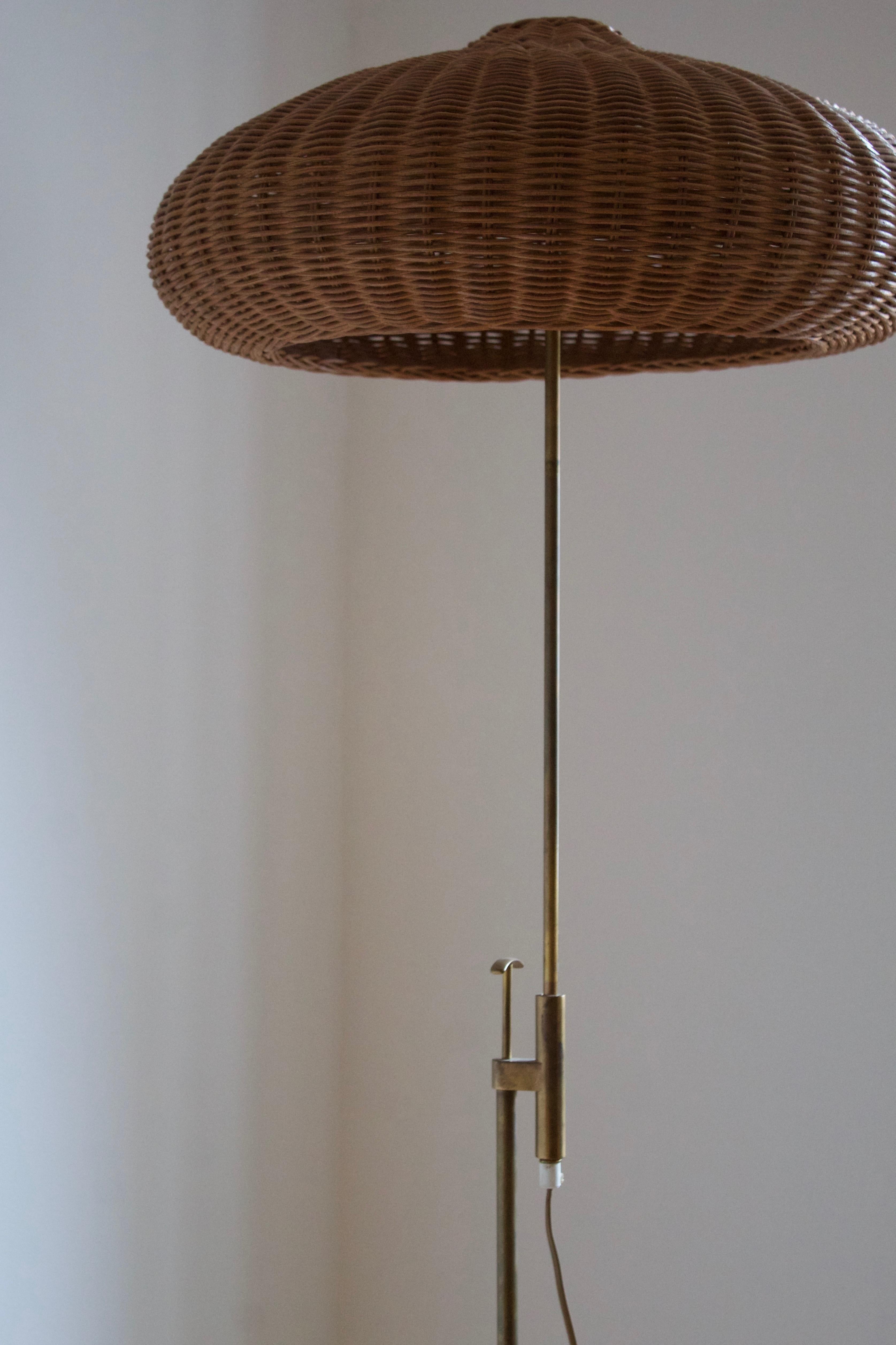 Mid-Century Modern Falkenberg Belysning, Adjustable Floor Lamp, Brass, Rattan, 1950s
