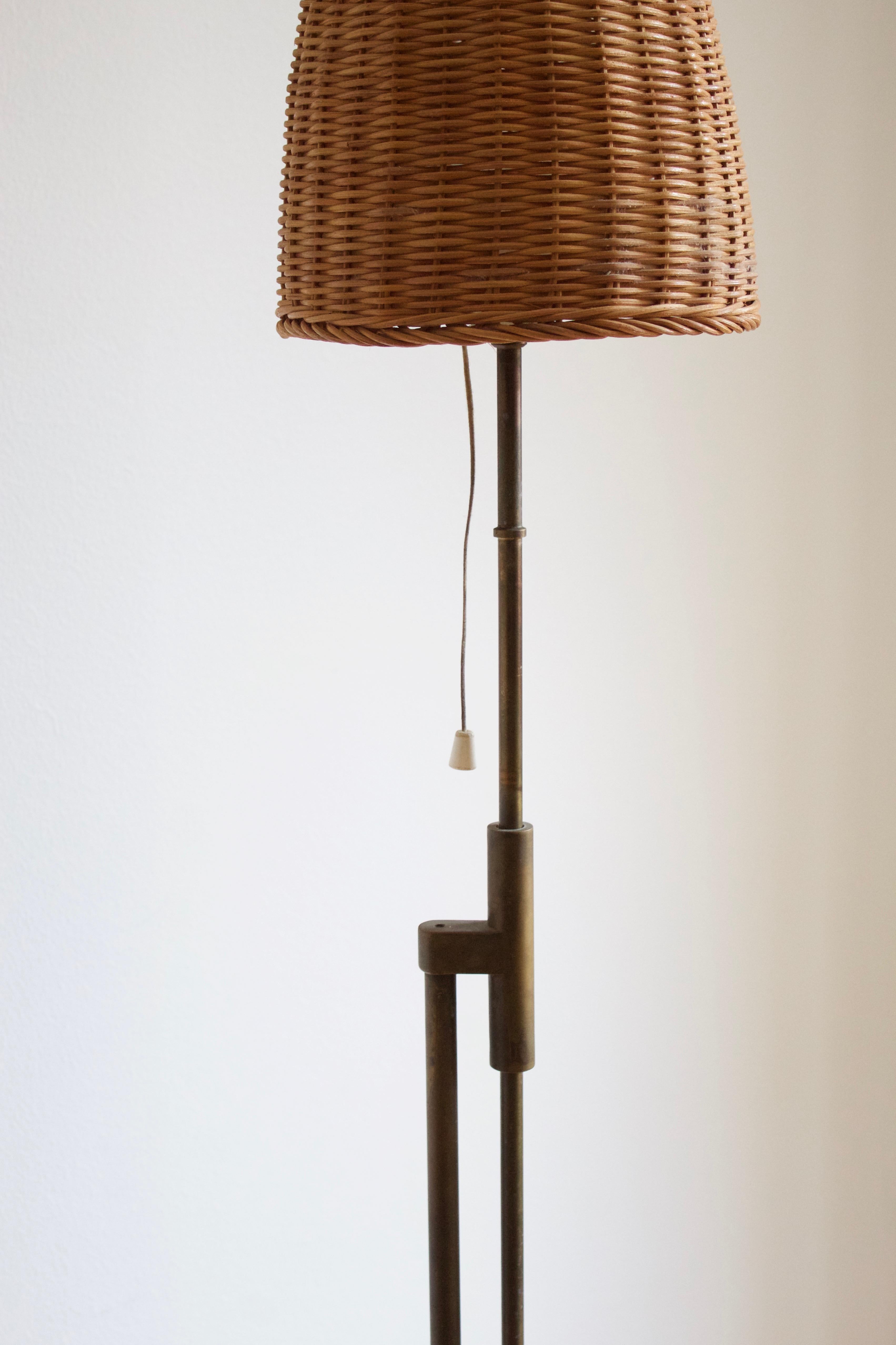 Mid-Century Modern Falkenberg Belysning, Adjustable Floor Lamp, Brass, Rattan, 1950s