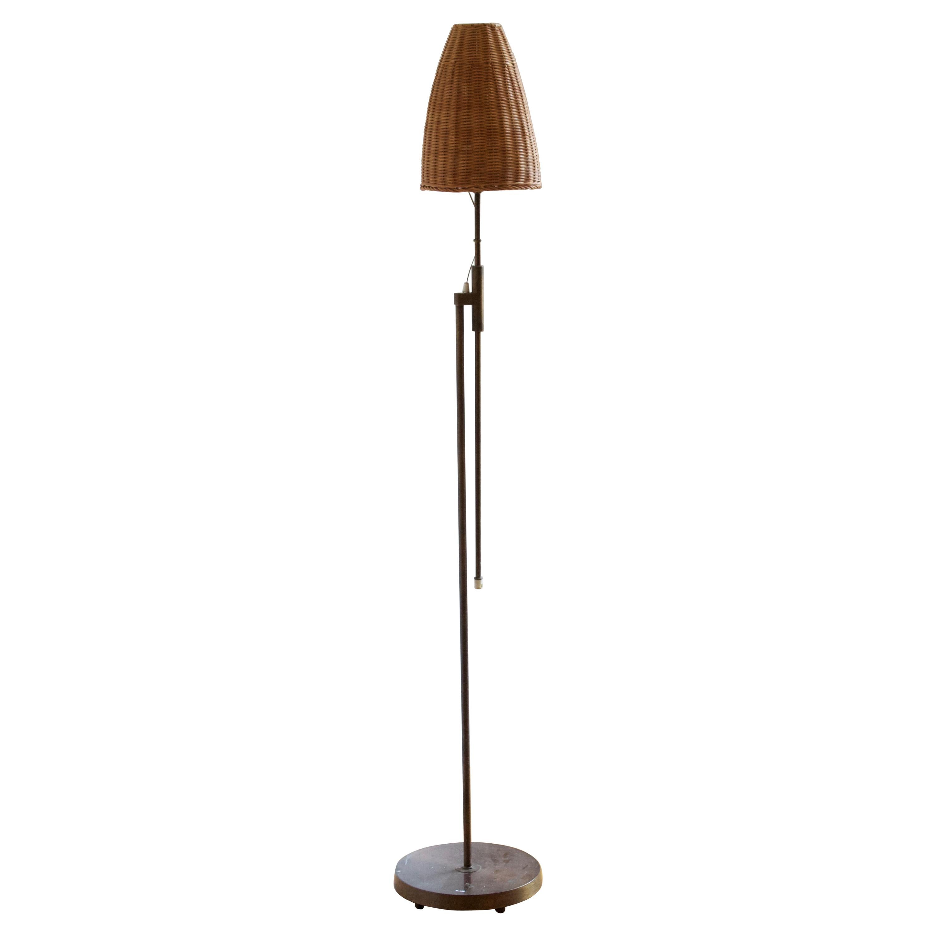Falkenberg Belysning, Adjustable Floor Lamp, Brass, Rattan, 1950s