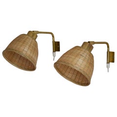 Falkenberg Belysning, Adjustable Wall Lights, Brass, Rattan, 1960s