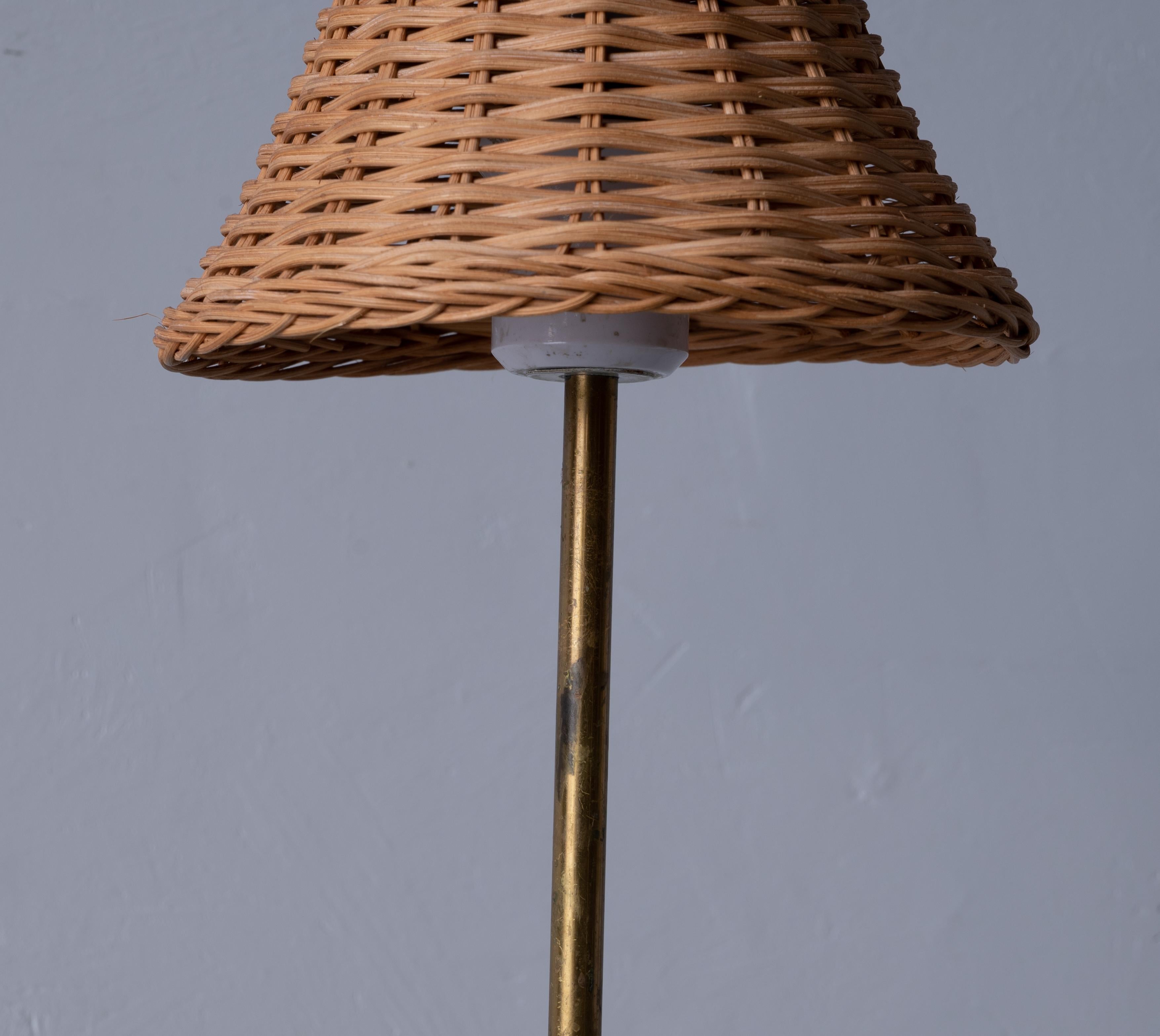 Mid-Century Modern Falkenberg Belysning, Floor Lamp, Brass, Rattan, 1950s For Sale