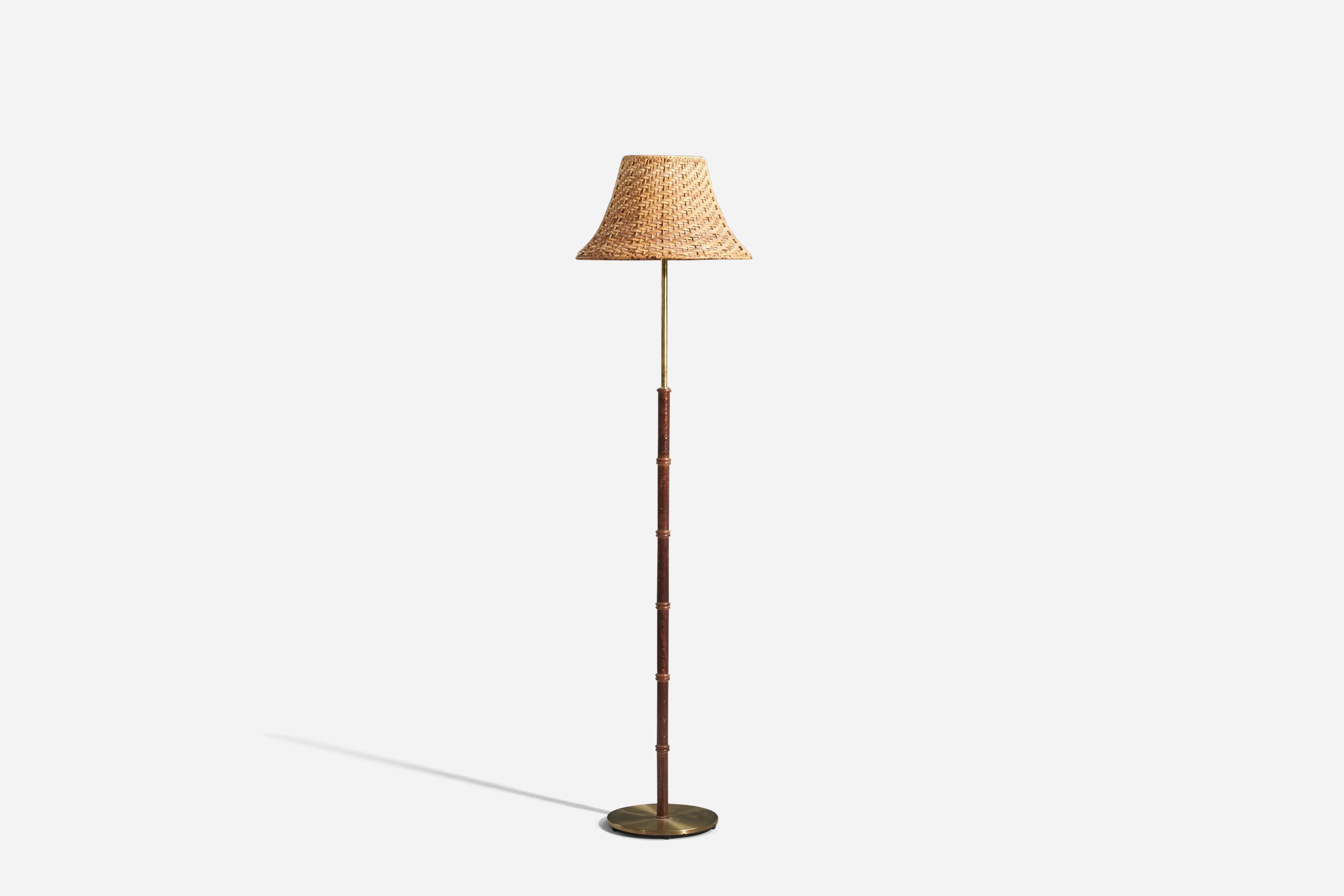 Mid-Century Modern Falkenberg Belysning, Floor Lamps, Brass, Stained Walnut, Rattan, Sweden, 1950s