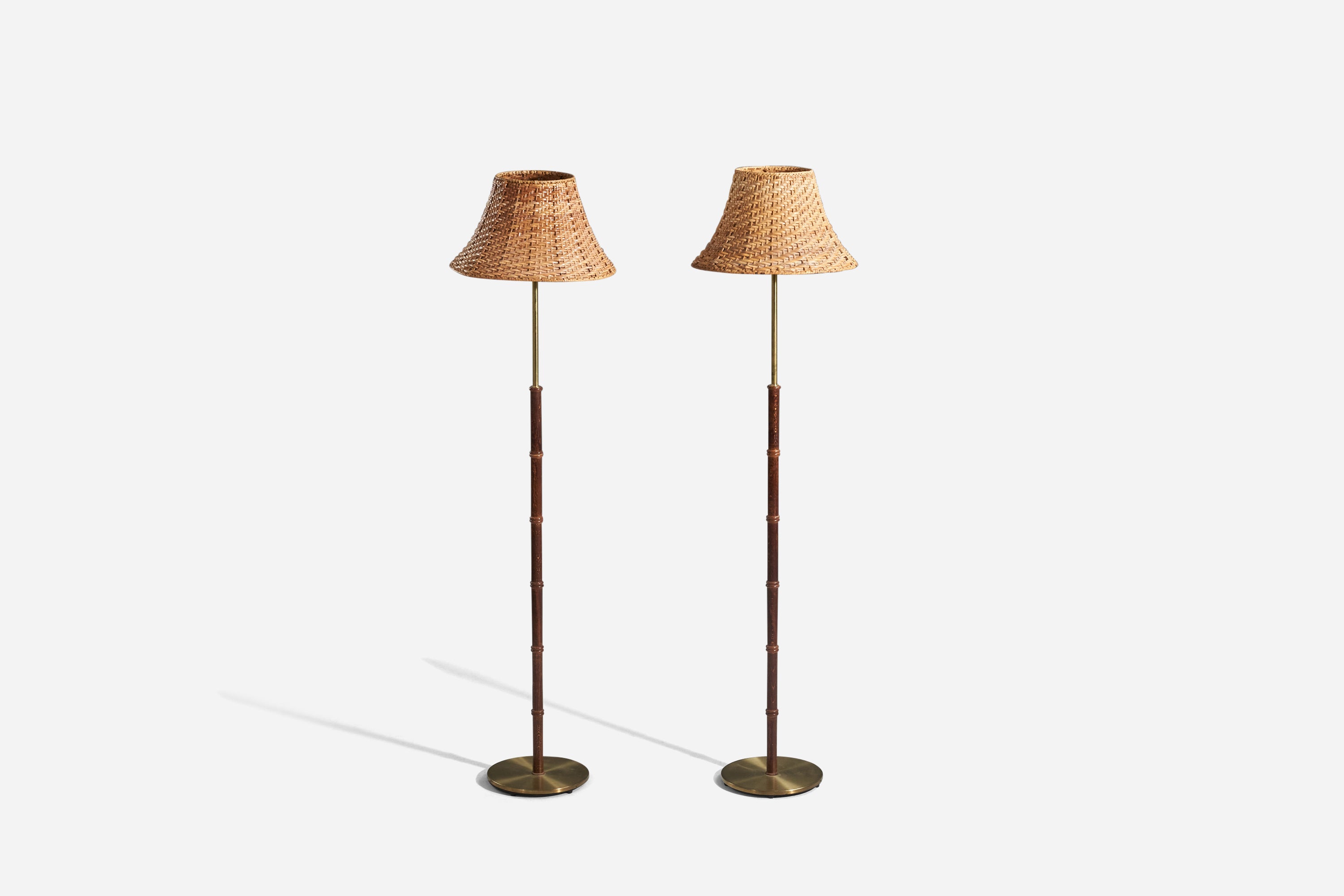 Falkenberg Belysning, Floor Lamps, Brass, Stained Walnut, Rattan, Sweden, 1950s