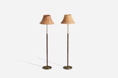 Falkenberg Belysning, Floor Lamps, Brass, Stained Walnut, Rattan, Sweden, 1950s