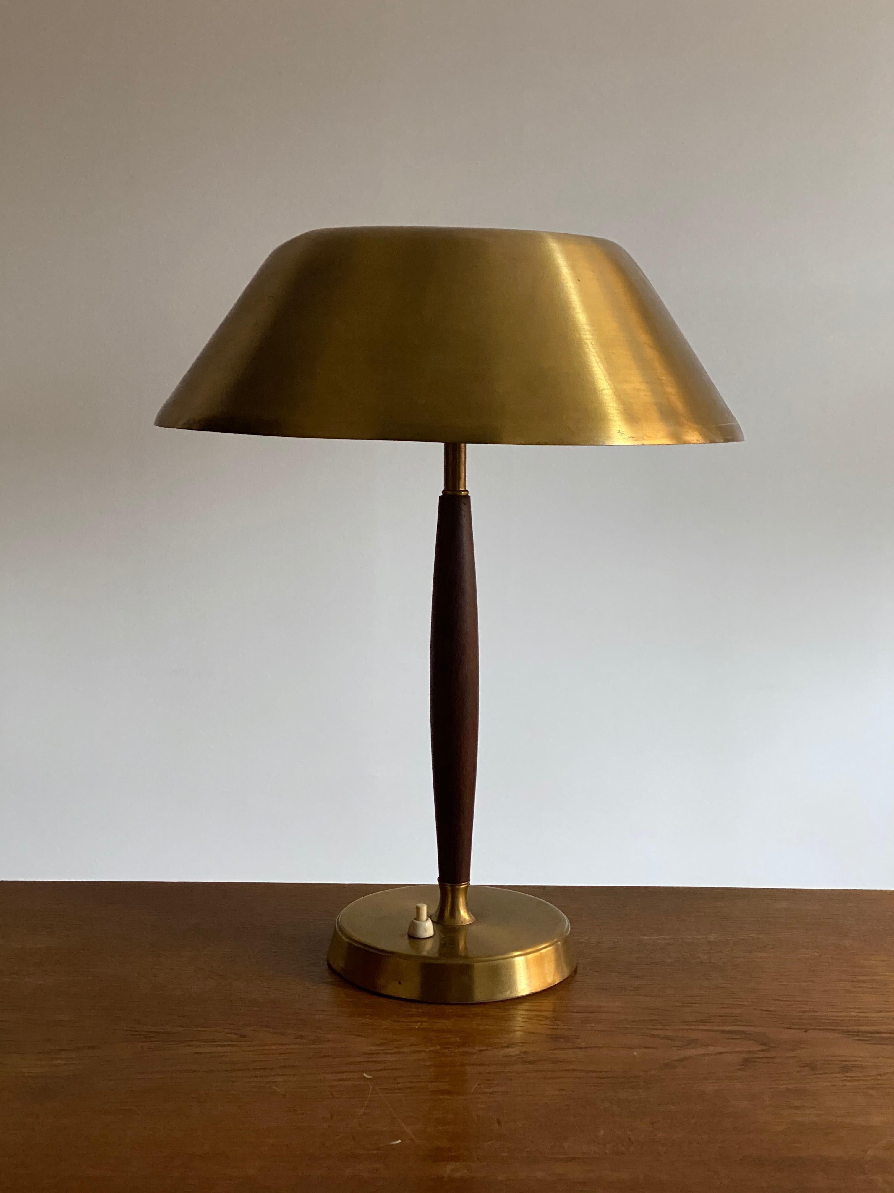 Mid-Century Modern Falkenberg Belysning, Functionalist Table Lamp, Brass, Stained wood, 1950s