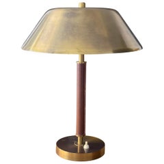 Falkenberg Belysning, Functionalist Table Lamp, Brass, Stitched Leather, 1950s