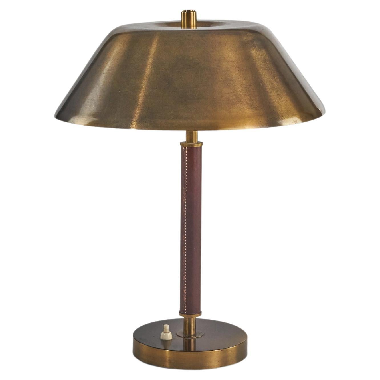 Falkenberg Belysning, Table Lamp, Brass, Stitched Leather, Sweden, 1950s