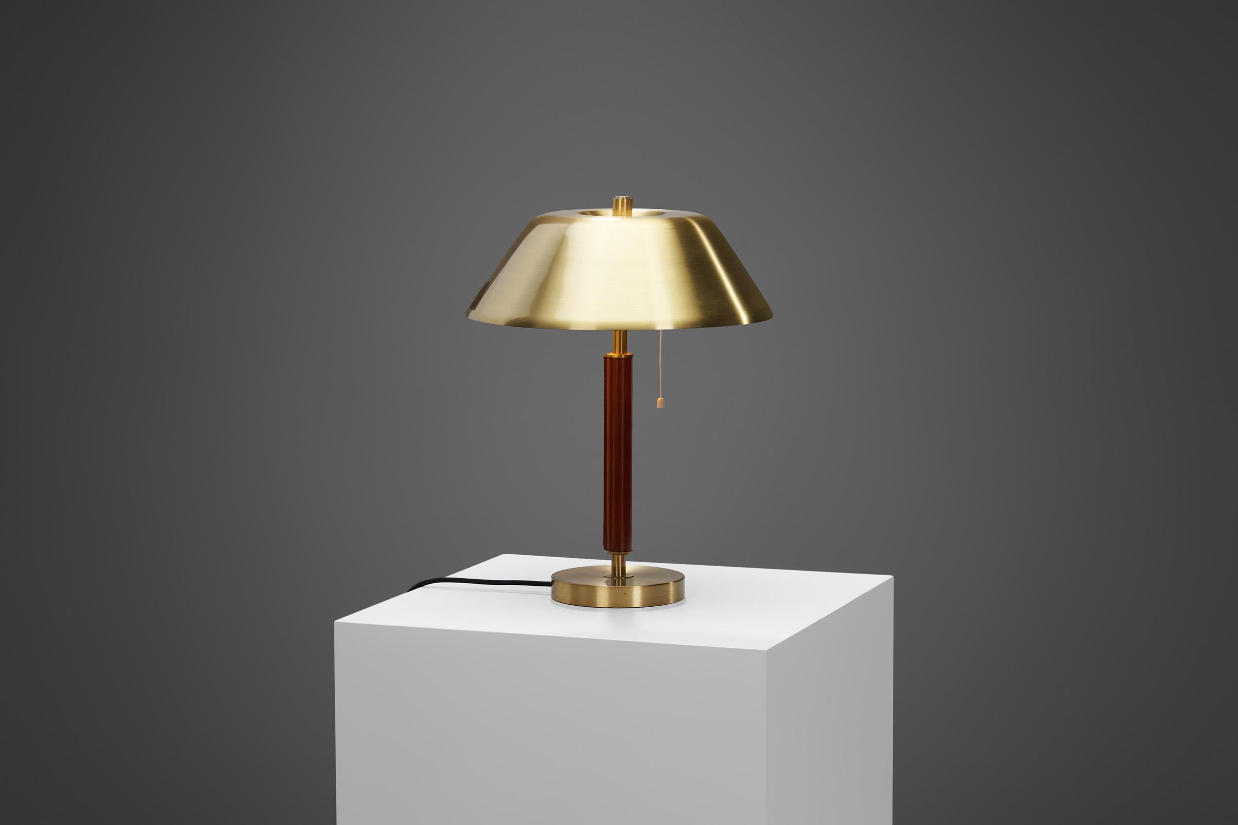 Mid-20th Century Falkenbergs Belysning Brass and Leather Table Lamp, Sweden, 1960s For Sale