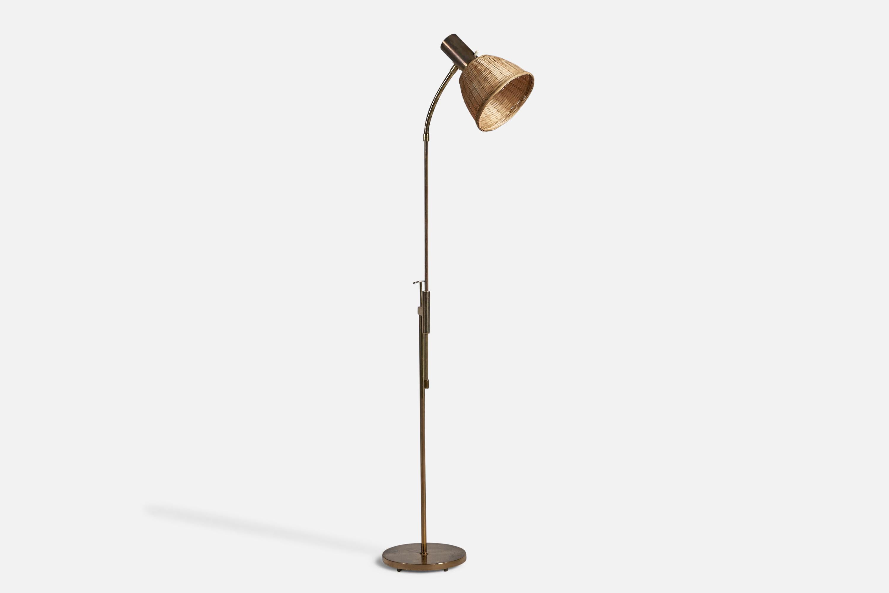 Mid-Century Modern Falkenbergs Belysning, Floor Lamp, Brass, Rattan, Sweden, 1960s For Sale