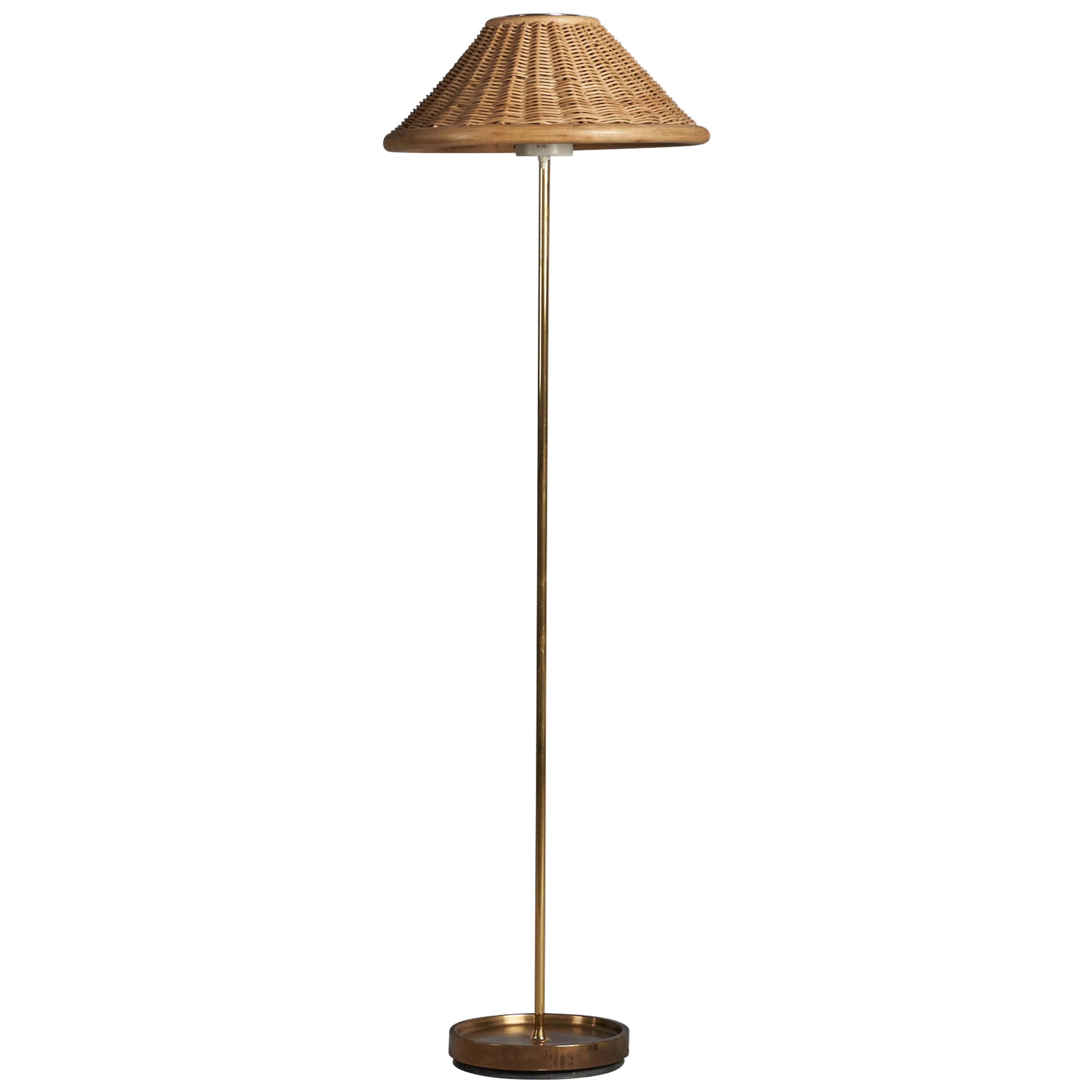 Falkenbergs Belysning, Stehleuchte, Messing, Rattan, Schweden, 1960er Jahre