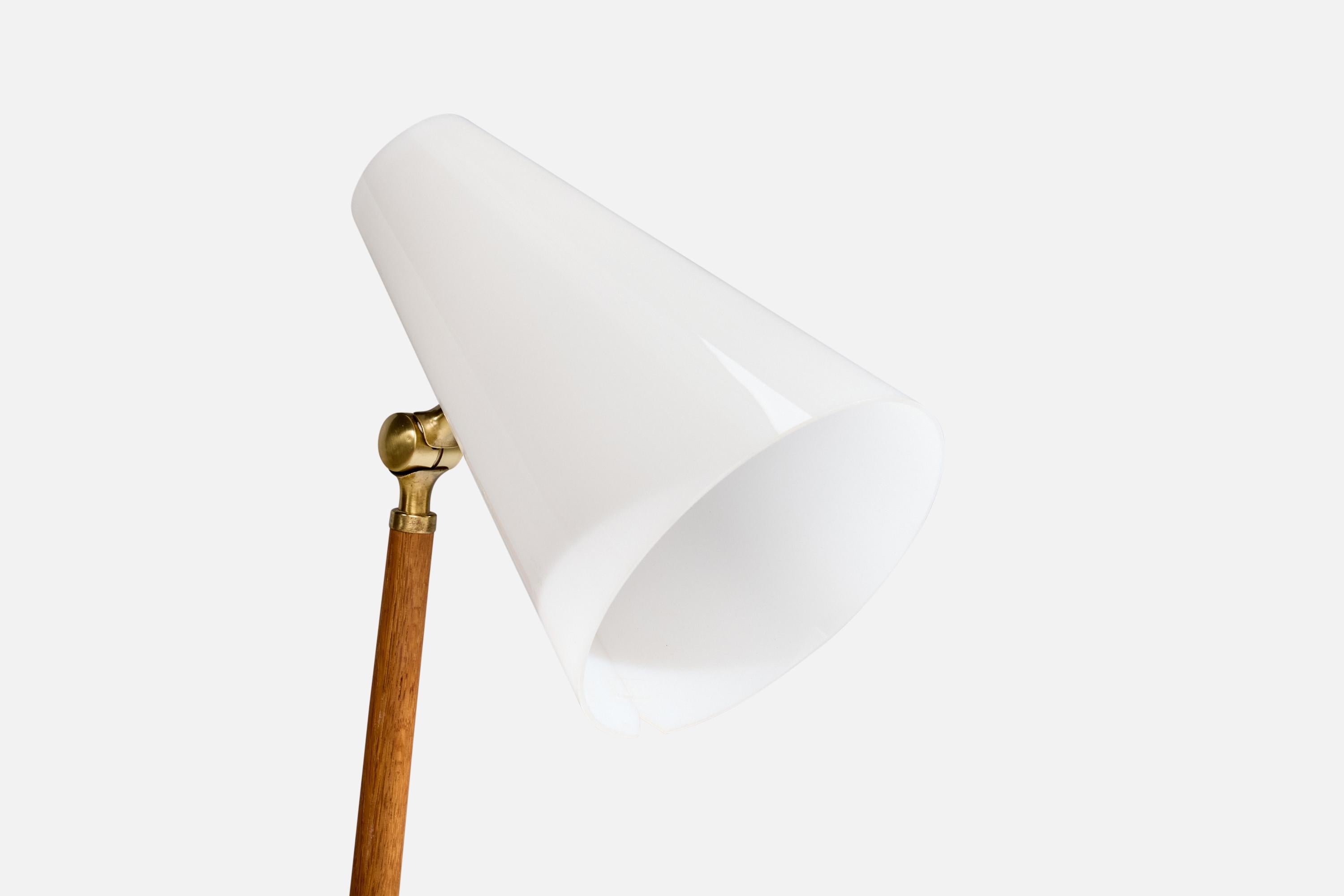 Swedish Falkenbergs Belysning, Floor Lamp, Oak, Brass, Acrylic, Sweden, 1960s For Sale