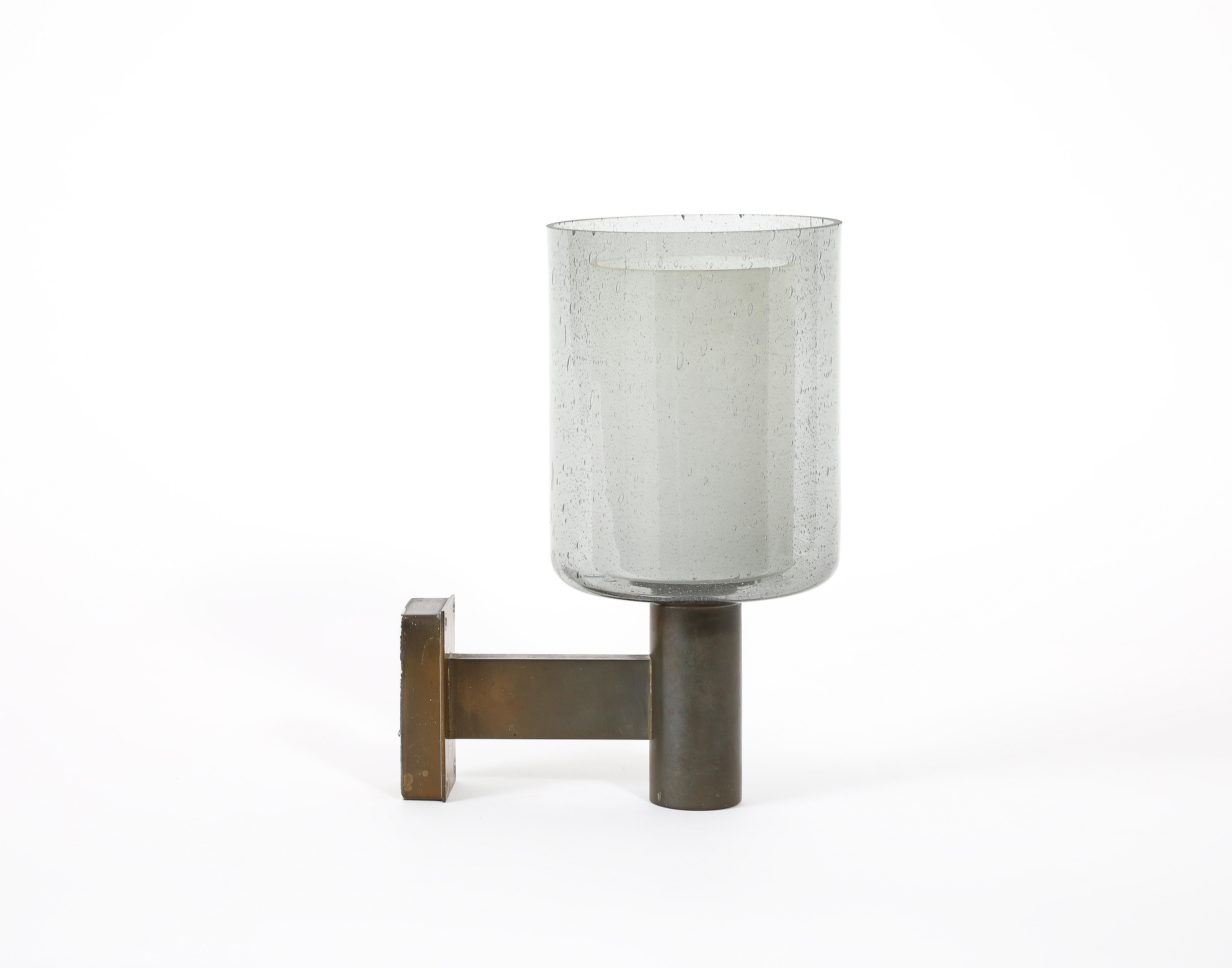 Mid-20th Century Falkenbergs Belysning Patinated Bronze & Glass Minimalist Sconce - Sweden 1960s For Sale