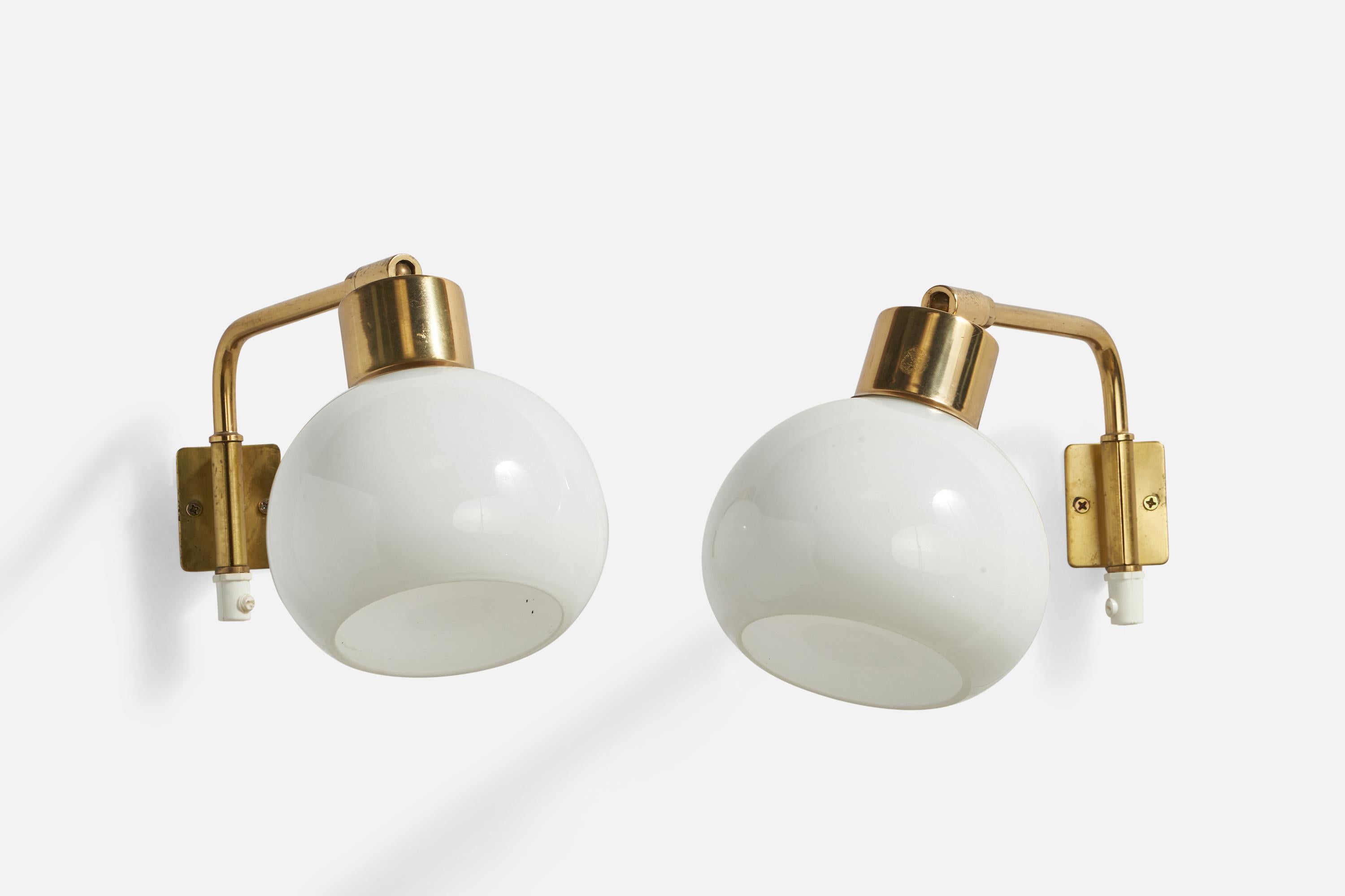 Mid-20th Century Falkenbergs Belysning, Wall Lights, Brass, Glass, Sweden, 1960s For Sale