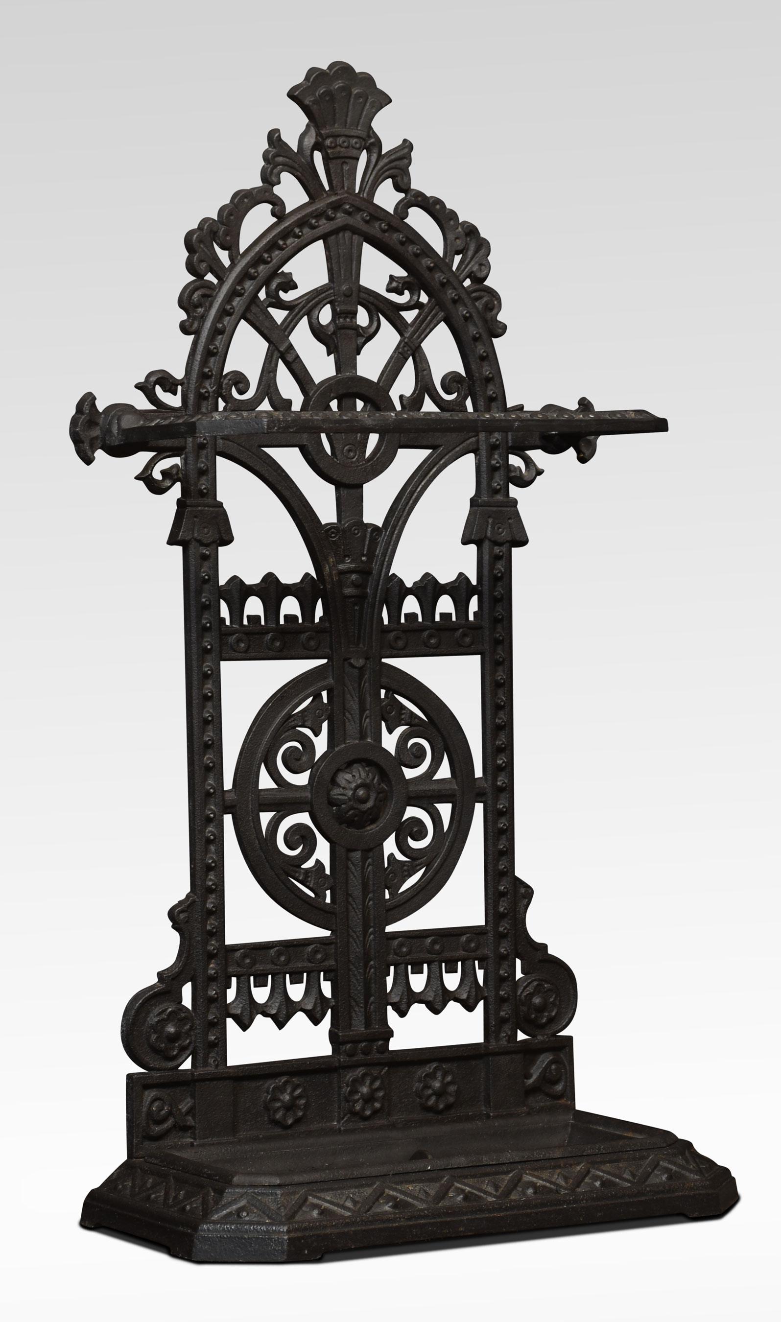 Falkirk cast iron umbrella/stick stand, having a shaped top and pierced back with scrolling decoration. The base with a removable drip tin is all raised up on a plinth base.
Dimensions
Height 32 Inches
Width 17 Inches
Depth 8.5 Inches
