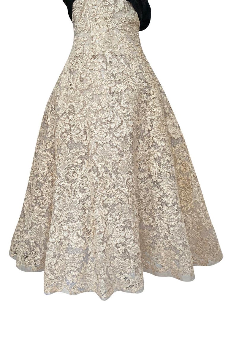 Fall 195455 Pierre Balmain Haute Couture Ivory Lace Dress w Black Silk