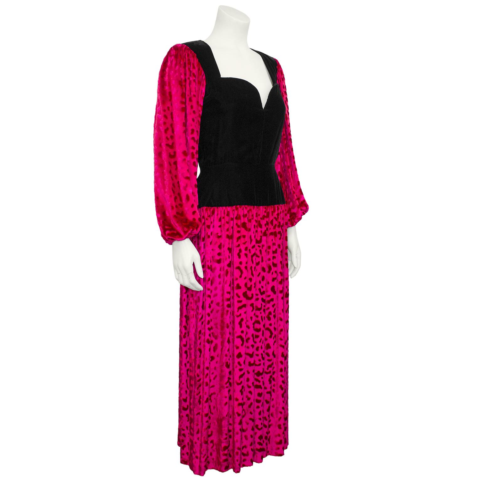 YSL Rive Gauche Black and Fuchsia patterned velvet dress from the Fall 1986 collection. The same dress was featured on the Runway in all black but this contrasting color version accentuates the beautiful velvet fabric. The black bodice has a