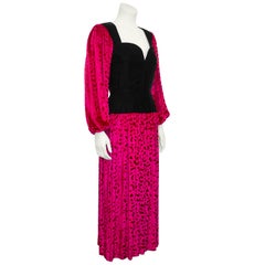 Fall 1986 YSL Rive Gauche Black and Fuchsia Patterned Velvet Dress